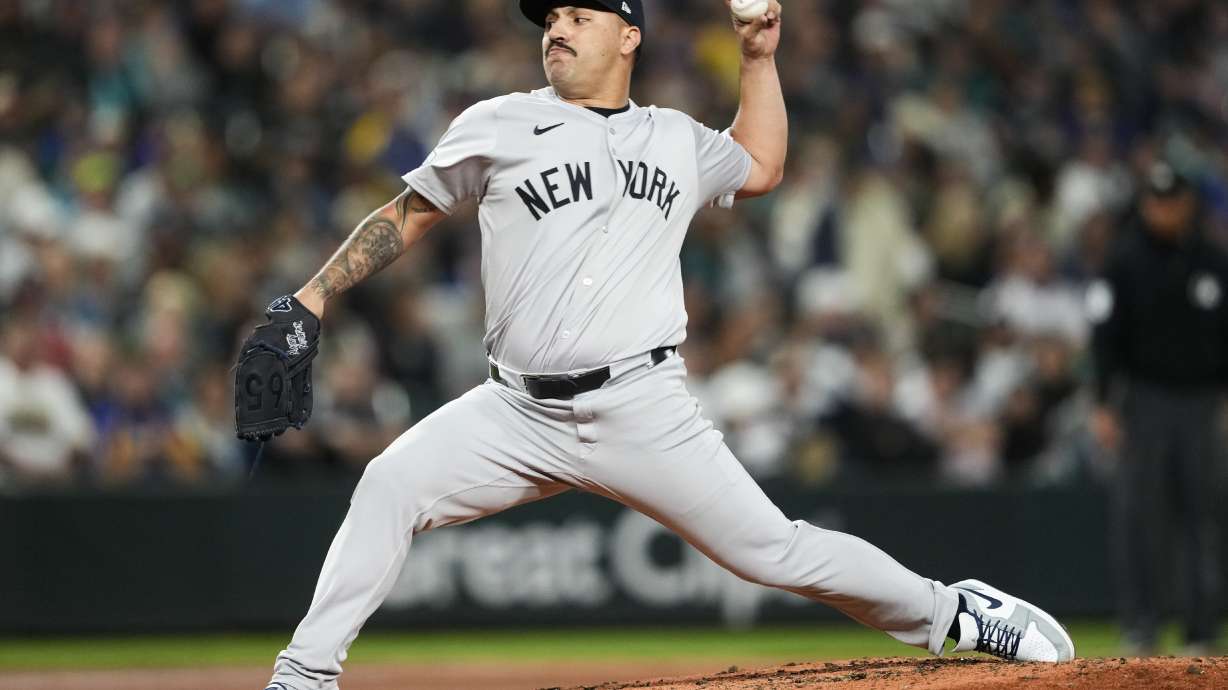 New York Yankees starting pitcher Nestor Cortes throws against the Seattle Mariners during the third inning of a baseball game Wednesday, Sept. 18, 2024, in Seattle.