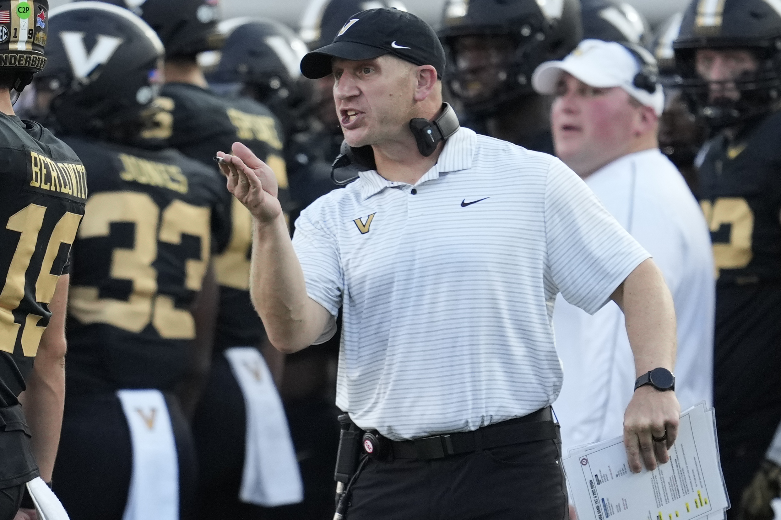 Vanderbilt head coach Clark Lea yells to an official during the second half of an NCAA college football game against Alabama, Saturday, Oct. 5, 2024, in Nashville, Tenn. 