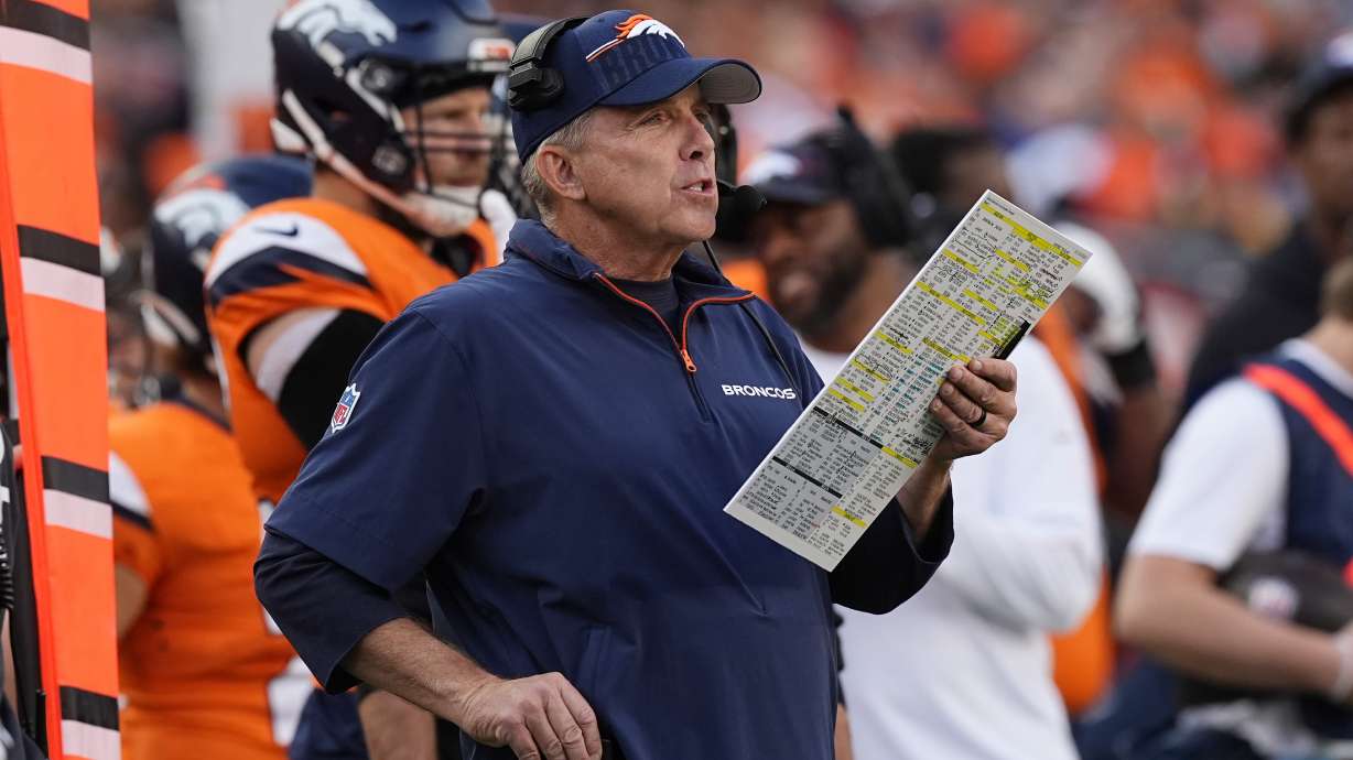 Denver Broncos head coach Sean Payton looks on during the second half of an NFL football game against the Los Angeles Chargers, Sunday, Oct. 13, 2024, in Denver.