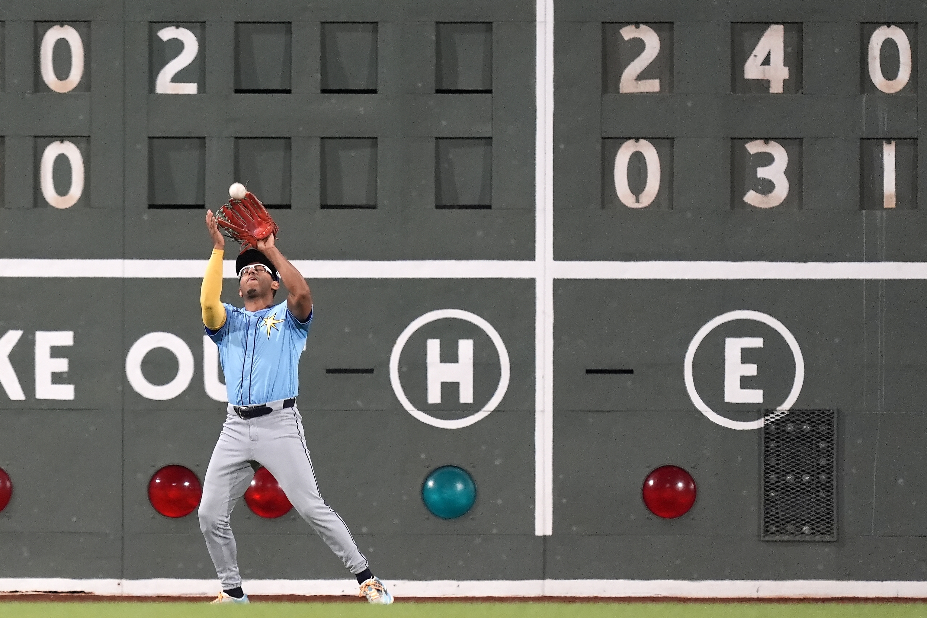 Tampa Bay Rays left fielder Richie Palacios catches a flyout by Boston Red Sox's Masataka Yoshida during the seventh inning of a baseball game, Friday, Sept. 27, 2024, in Boston.