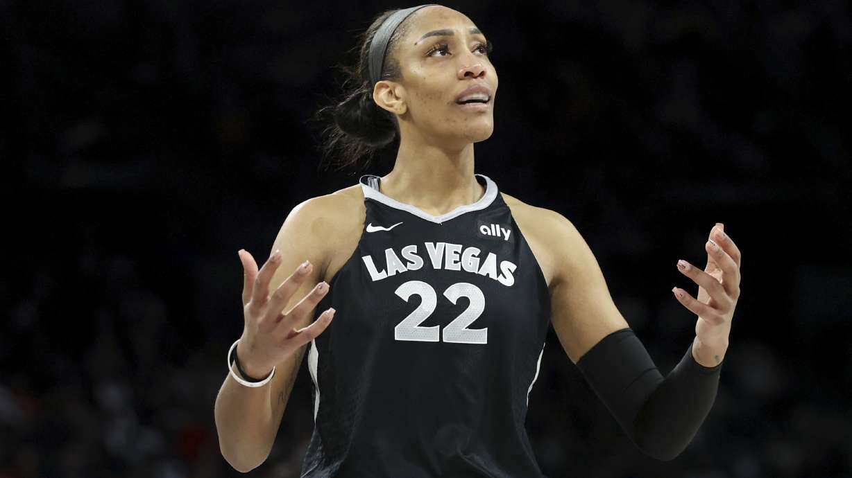 Las Vegas Aces center A'ja Wilson reacts after her team is called for a foul during the second half of a WNBA Semifinal basketball game against the New York Liberty, Sunday, Oct. 6, 2024, in Las Vegas.