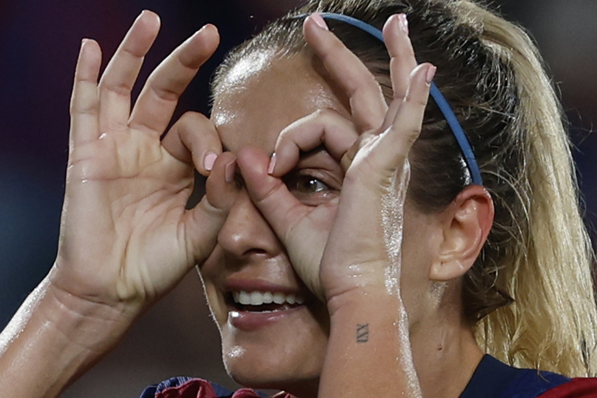 Barcelona's Alexia Putellas celebrates after scoring her side's third goal during the women's Champions League group D soccer match between Barcelona and Hammarby at the Estadi Johan Cruyff in Barcelona, Wednesday, Oct. 16, 2024. 