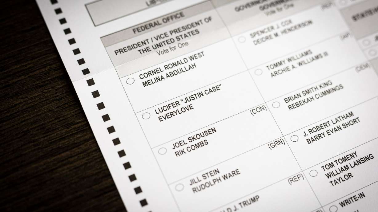 Lucifer “Justin Case” Everylove is listed as a candidate for president of the United States on an official ballot for Salt Lake County, Utah, pictured in Salt Lake City on Wednesday.