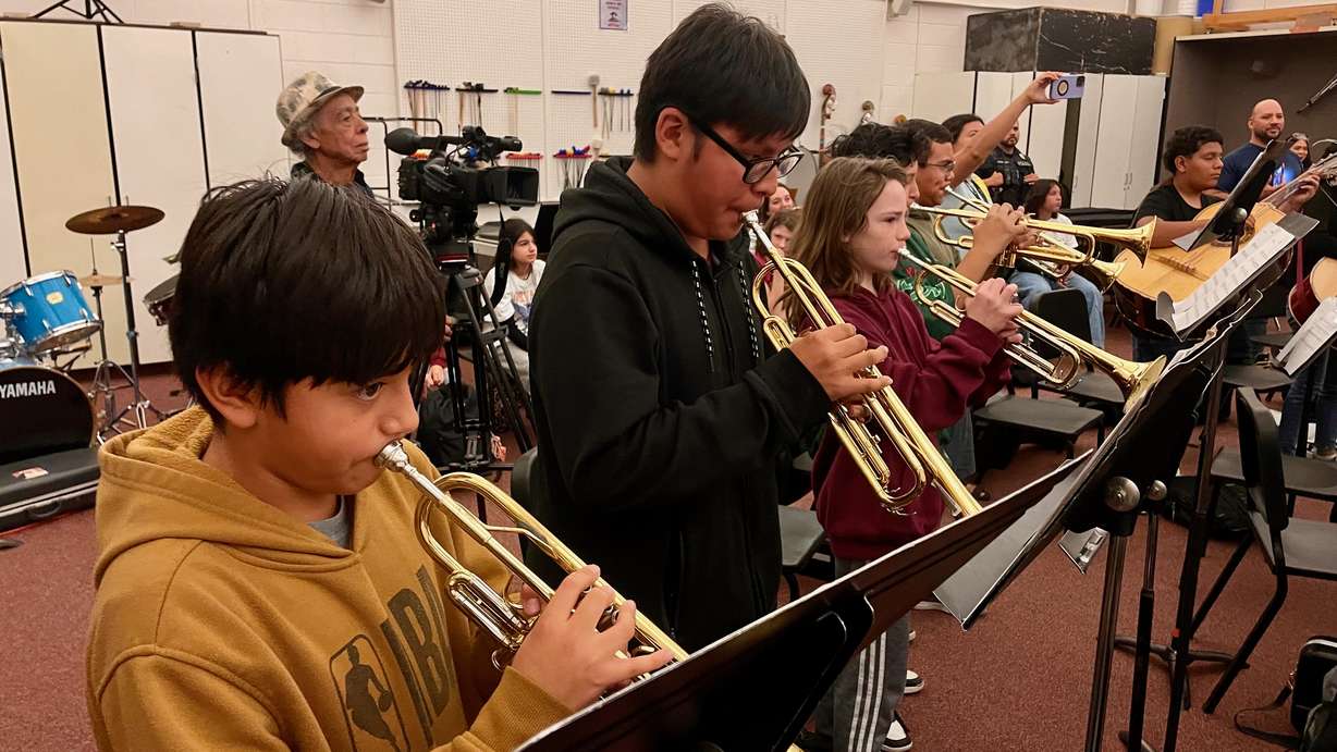 Trumpeters in the mariachi class at Jefferson Junior High School in Kearns play at a gathering held Wednesday with Mariachi Fuego de Utah, an experienced youth ensemble.