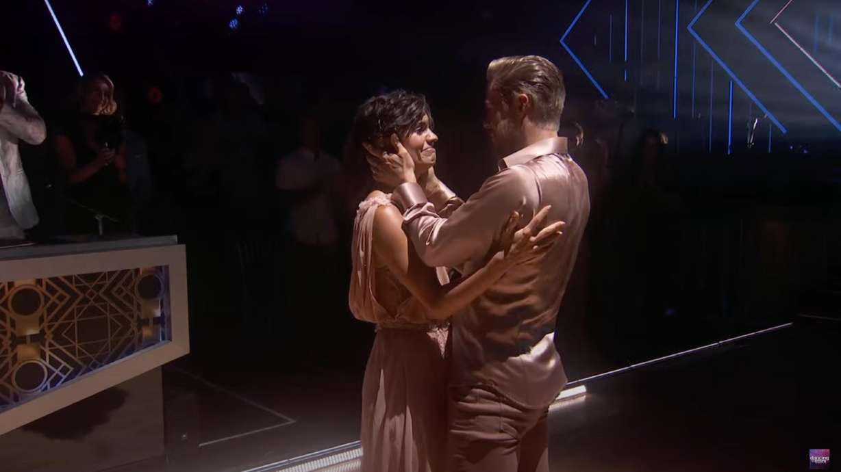 Hayley Erbert Hough and Derek Hough embrace after a moving performance on "Dancing with the Stars."