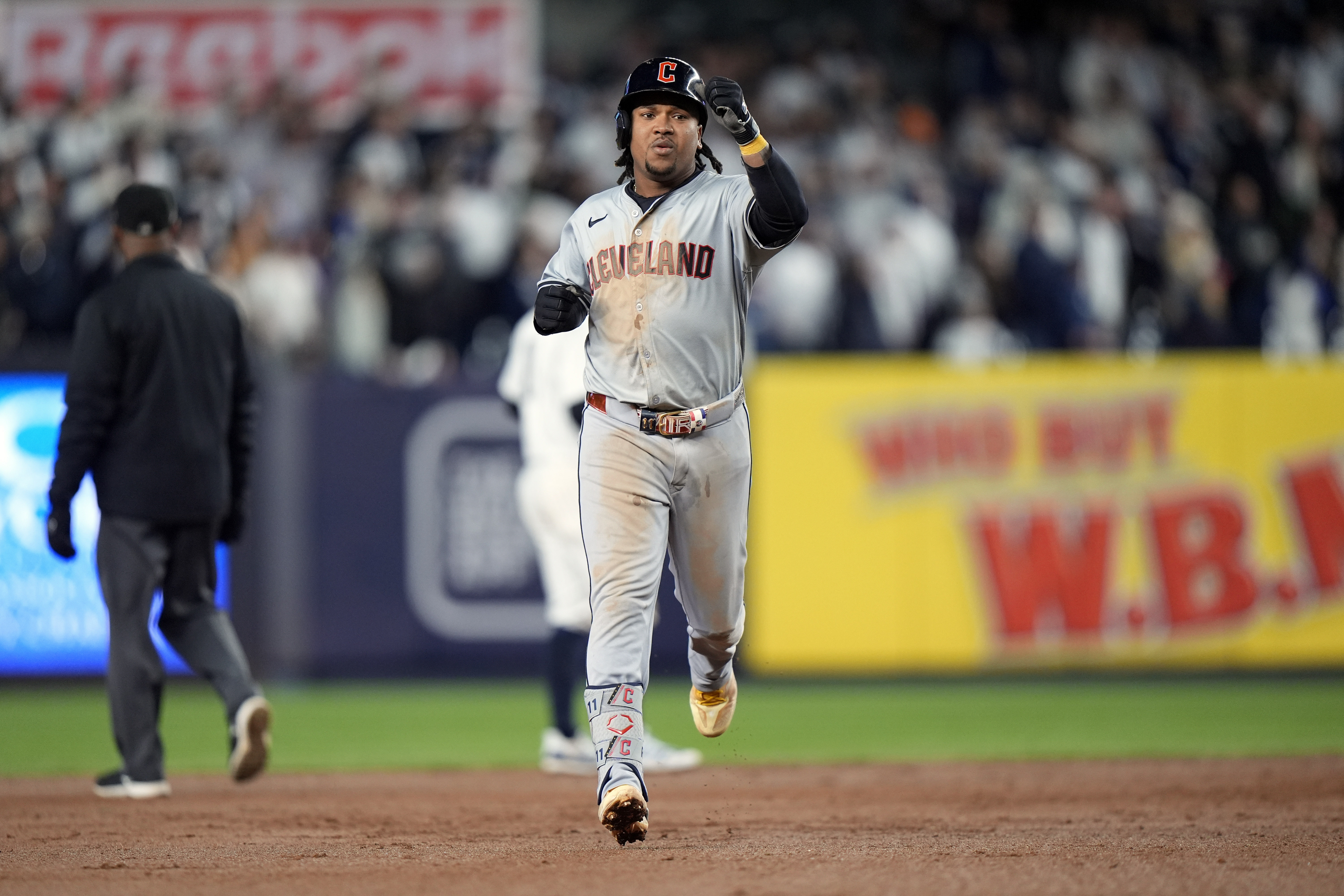 Cleveland Guardians' José Ramírez celebrates after hitting a home run against the New York Yankees during the ninth inning in Game 2 of the baseball AL Championship Series Tuesday, Oct. 15, 2024, in New York. 