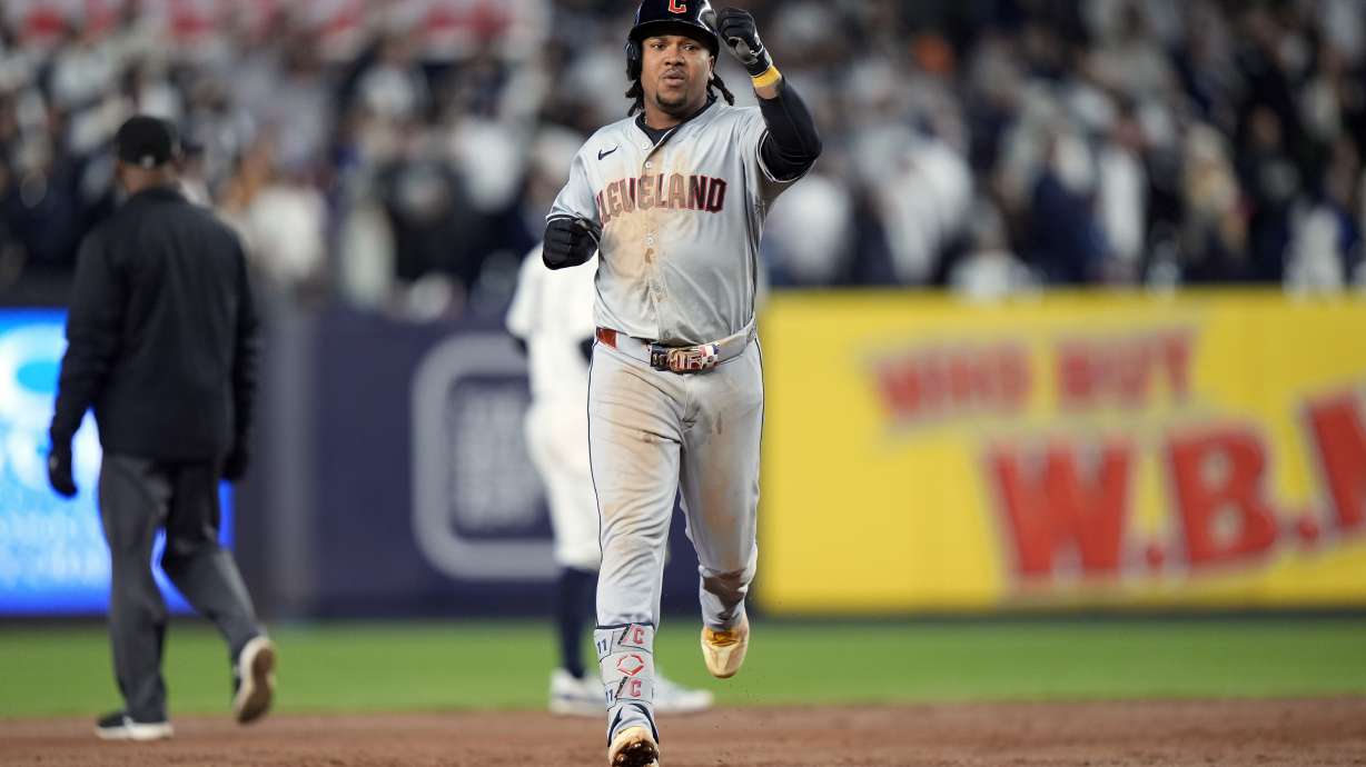 Cleveland Guardians' José Ramírez celebrates after hitting a home run against the New York Yankees during the ninth inning in Game 2 of the baseball AL Championship Series Tuesday, Oct. 15, 2024, in New York.