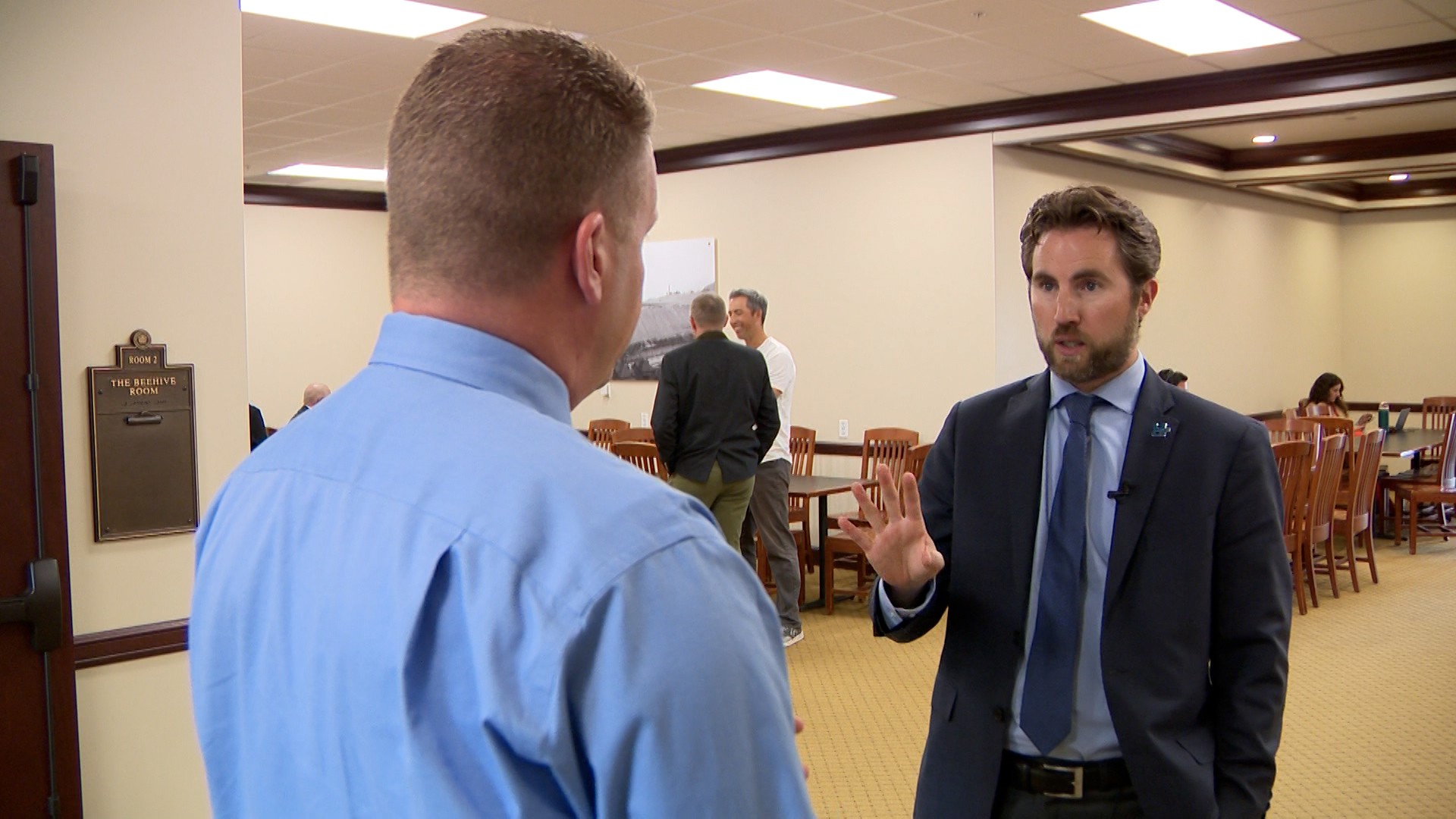 Cameron Diehl with the Utah League of Cities and Towns speaks to KSL-TV’s Daniel Woodruff Wednesday at the state Capitol about a new housing proposal. He said generally speaking, the group opposes legislation that preempts the authority of local governments to plan and zone their communities.