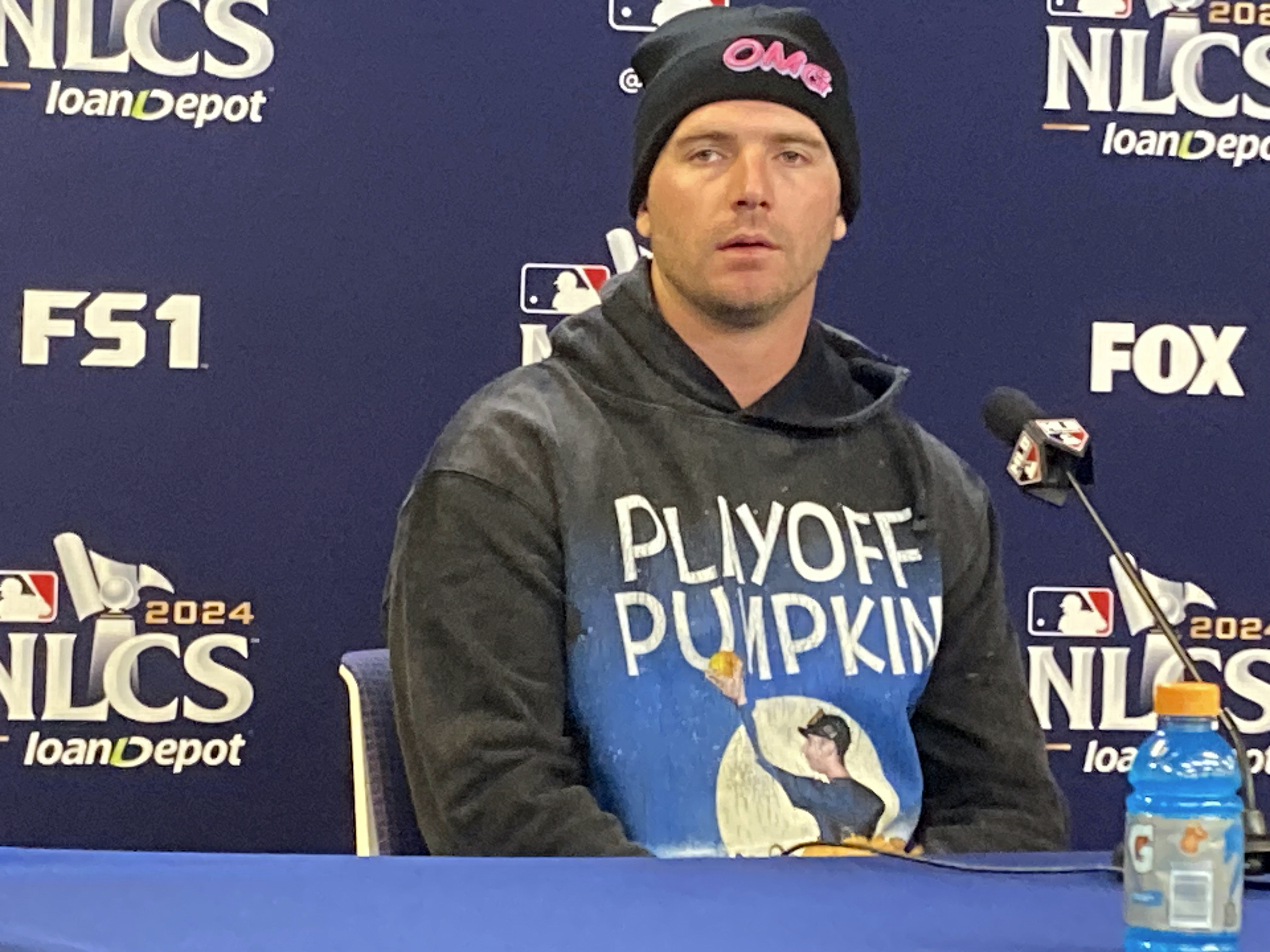 New York Mets first baseman Pete Alonso speaks before Game 3 of a baseball NL Championship Series against the Los Angeles Dodgers, Wednesday, Oct. 16, 2024, in New York.