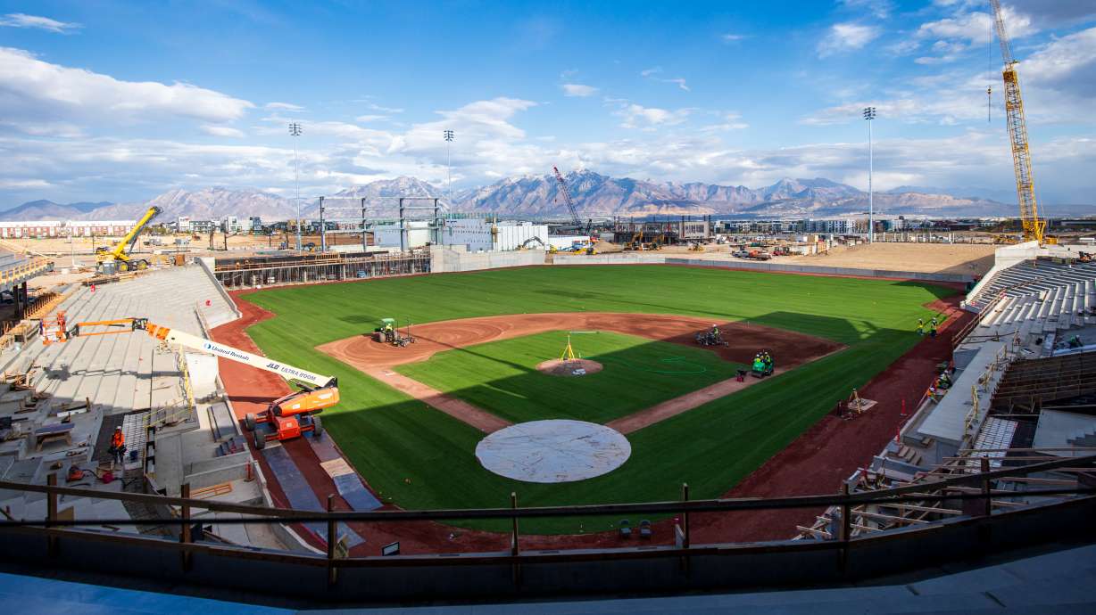 A view of Daybreak Field from the top floor of the future Salt Lake Bees stadium on Wednesday. The stadium's playing surface was completed this week.