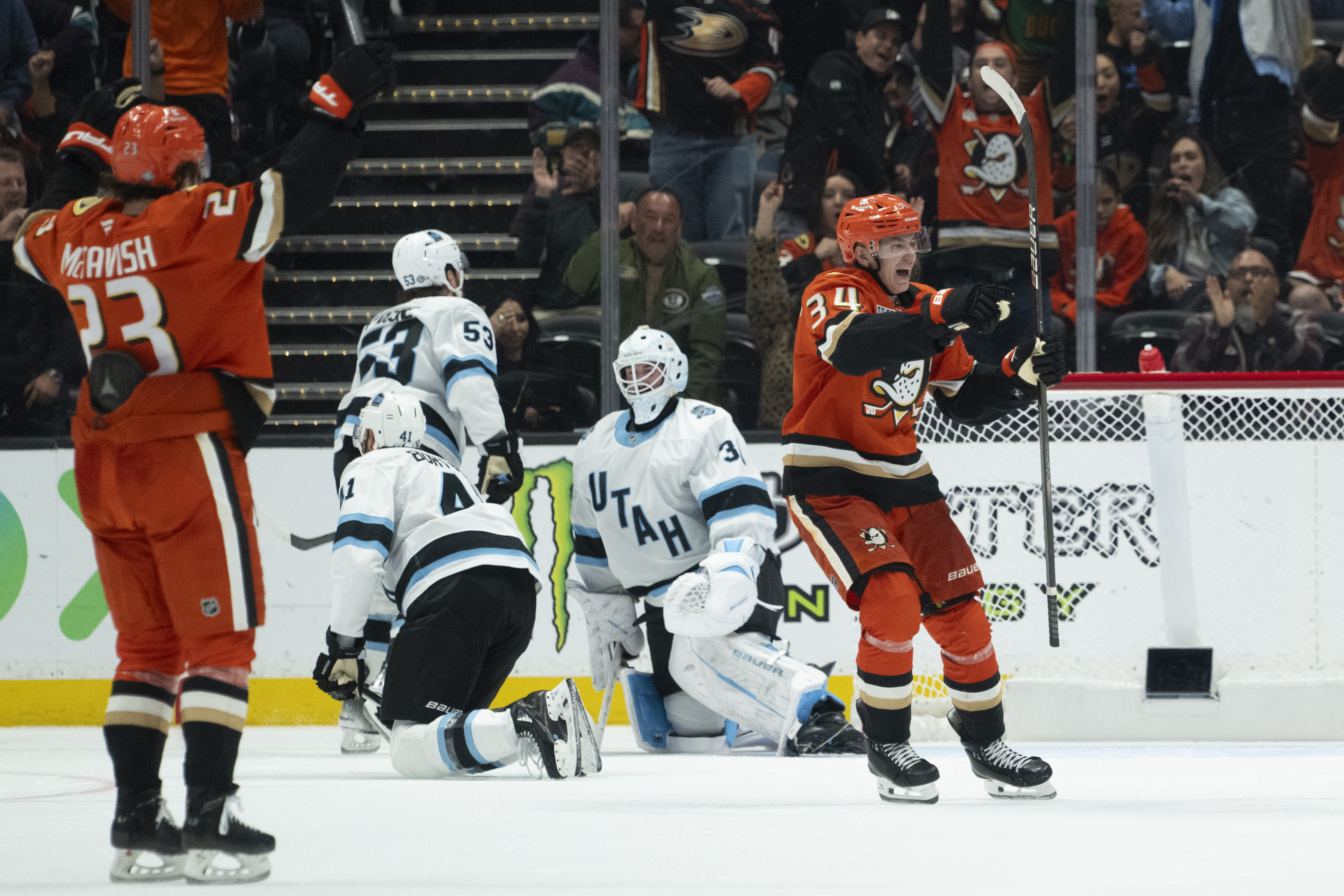 Anaheim Ducks defenseman Pavel Mintyukov (34) reacts after scoring a goal during the second period of an NHL hockey game against the Utah Hockey Club, Wednesday, Oct. 16, 2024, in Anaheim, Calif.