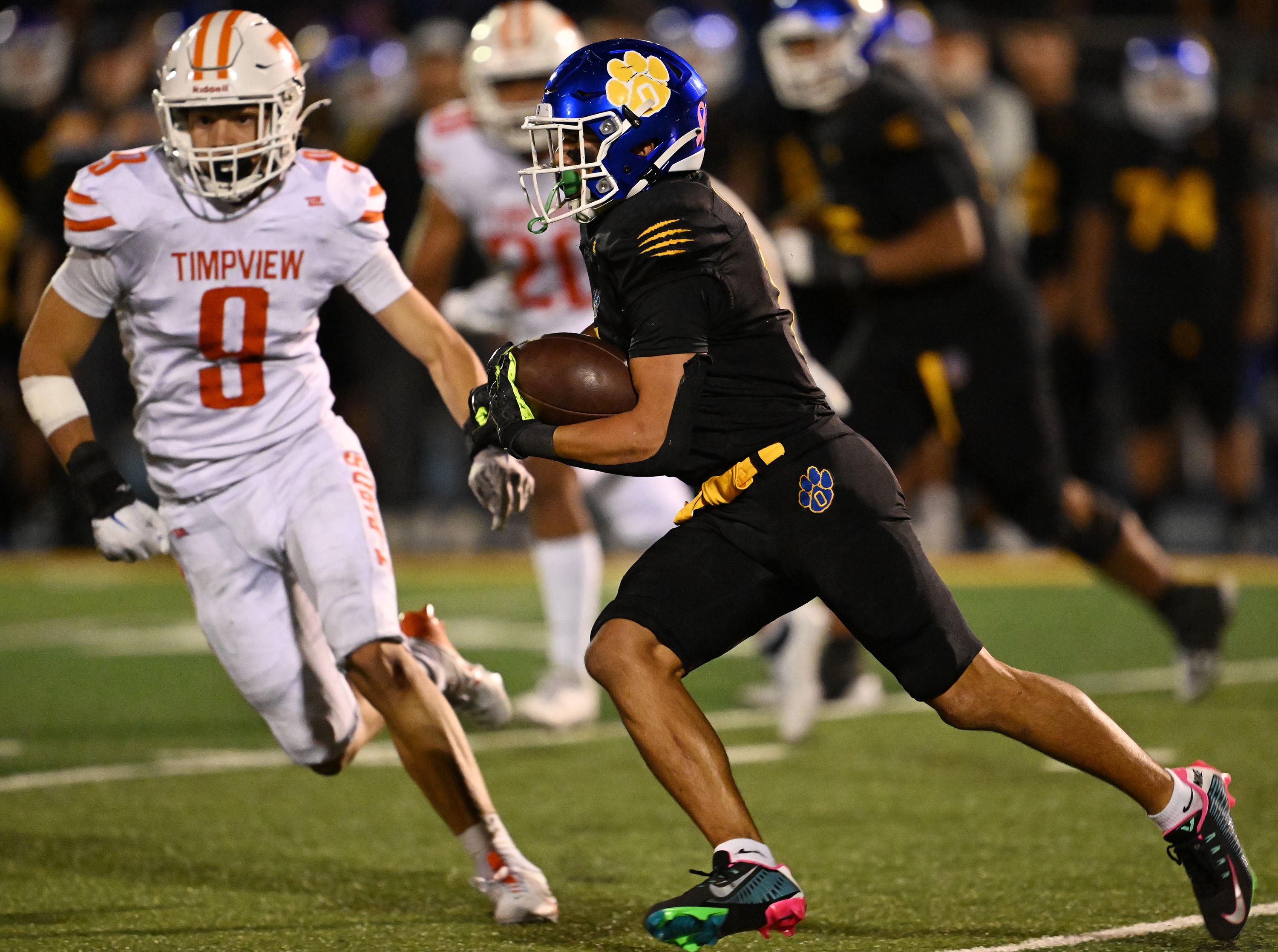 Timpview's Taani Makasini goes to make a tackle during a Utah high school football game at Orem on Wednesday, Oct. 16, 2024. Timpview won 35-21.