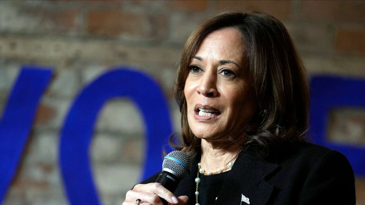 Democratic presidential nominee Vice President Kamala Harris speaks during a stop at Cred Cafe in Detroit, Tuesday. A new poll shows she holds a narrow lead over Donald Trump.