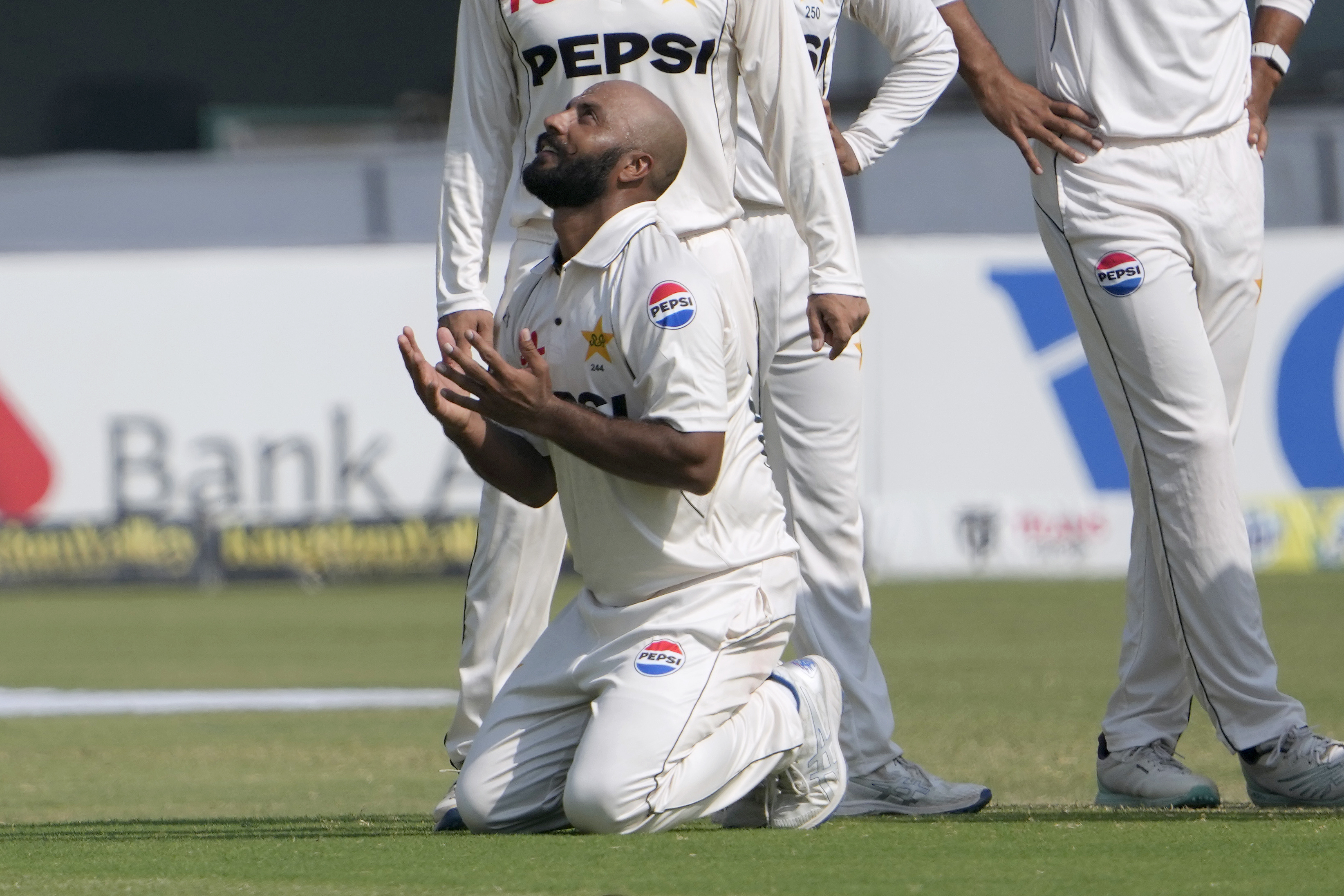 Pakistan's Sajid Khan celebrates after taking his fifth wicket during the third day of the second test cricket match between Pakistan and England, in Multan, Pakistan, Thursday, Oct. 17, 2024.