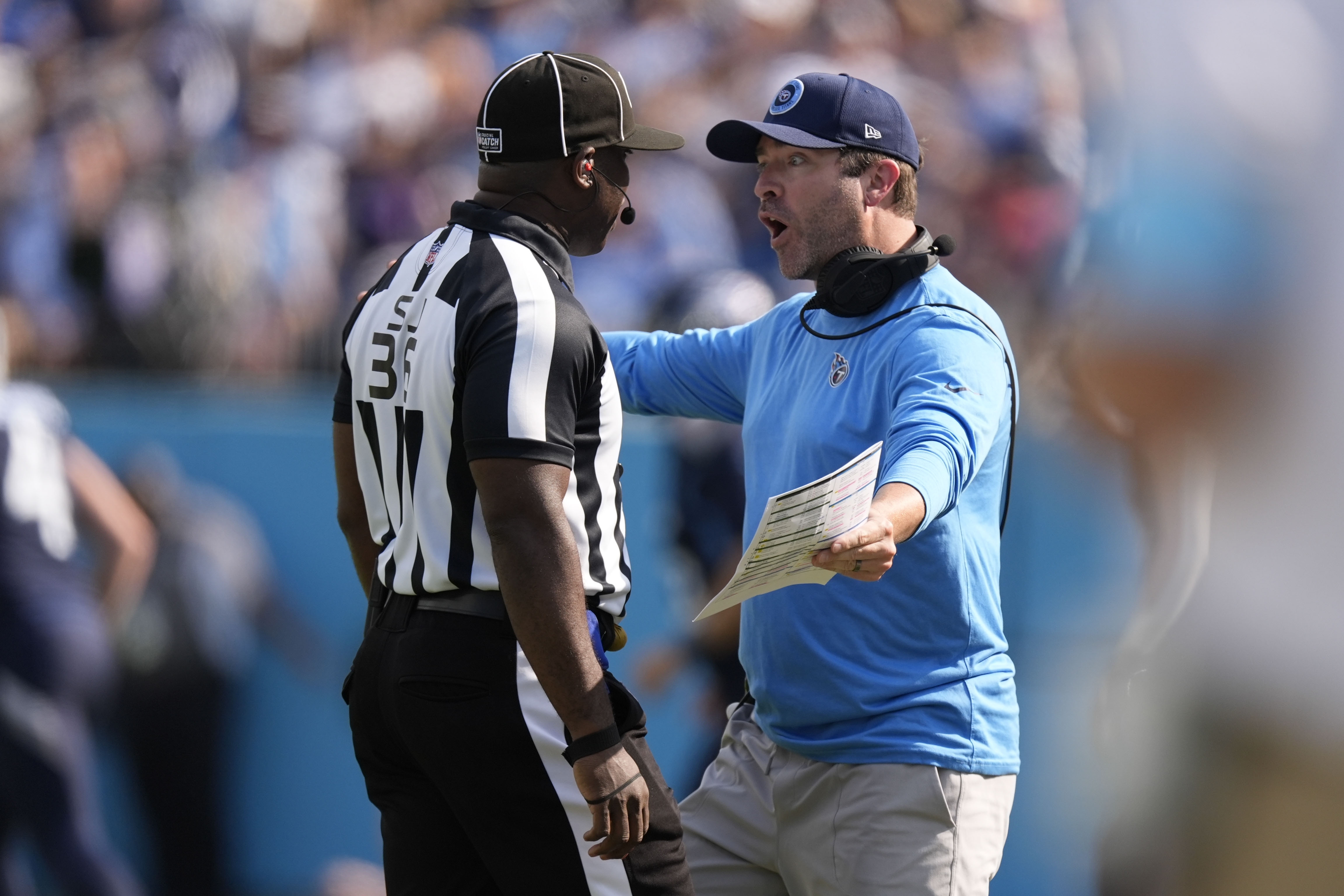 Tennessee Titans head coach Brian Callahan argues a call during the second half of an NFL football game against the Indianapolis Colts, Sunday, Oct. 13, 2024, in Nashville, Tenn.