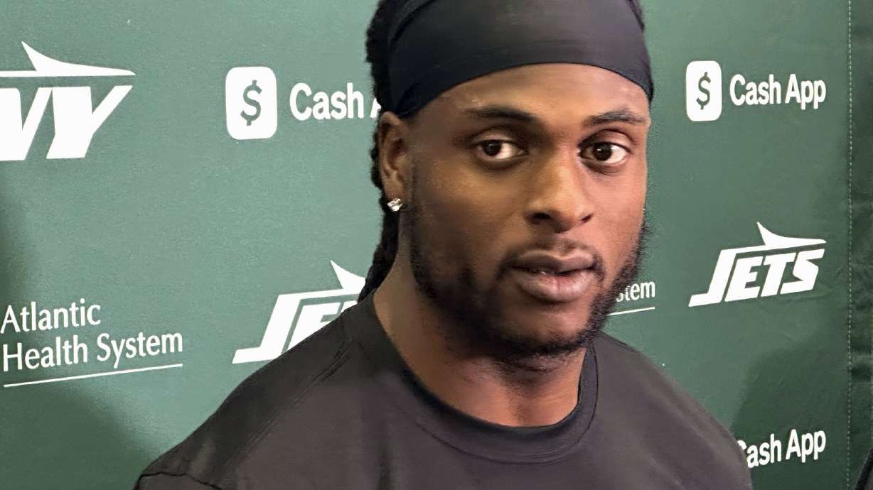 New York Jets wide receiver Davante Adams speaks to reporters at the team's facility in Florham Park, N.J., on Wednesday, Oct. 16, 2024.