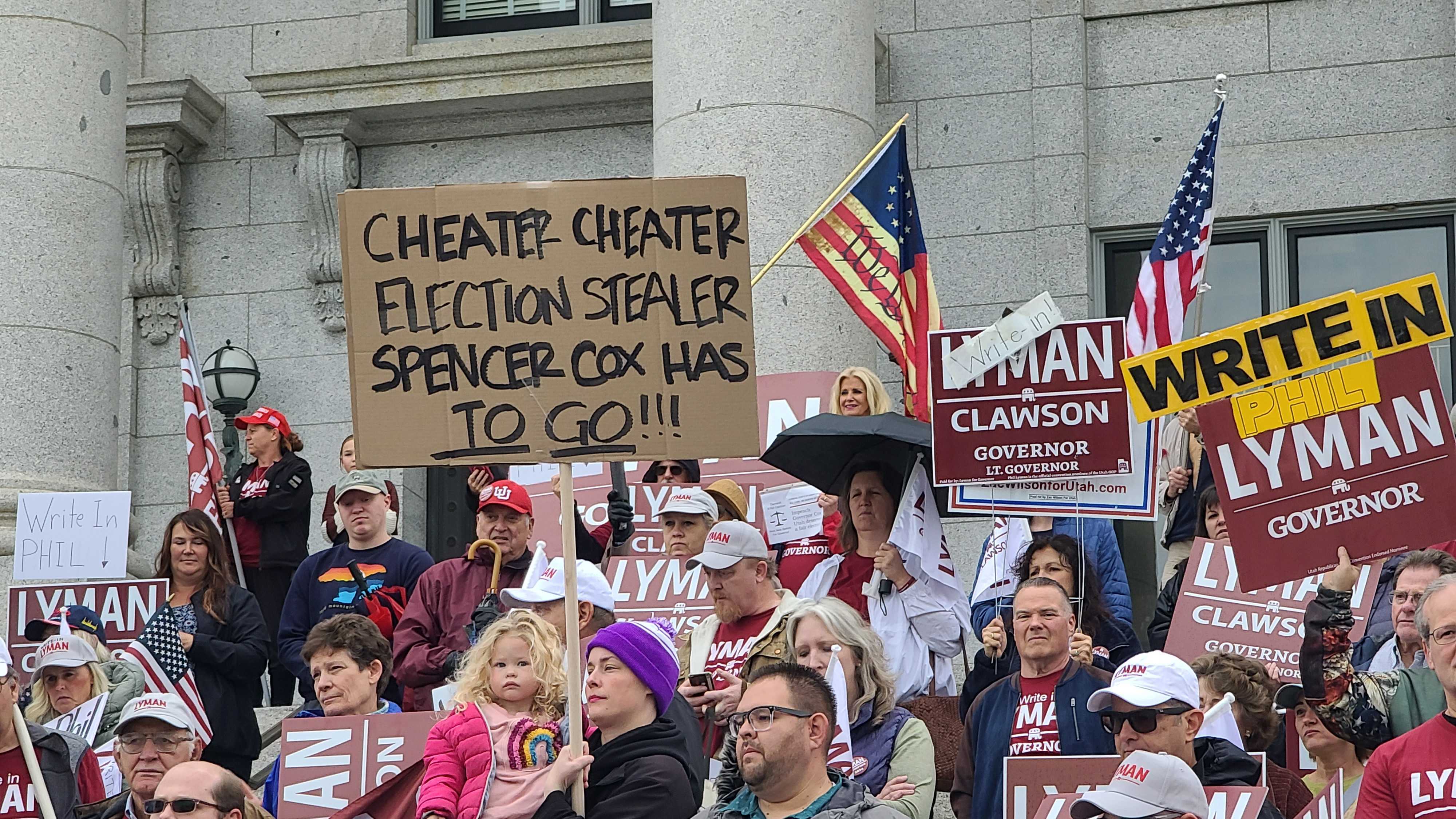 Phil Lyman supporters rally at the state Capitol in Salt Lake City on Thursday, in support of the candidate's write-in campaign for governor.