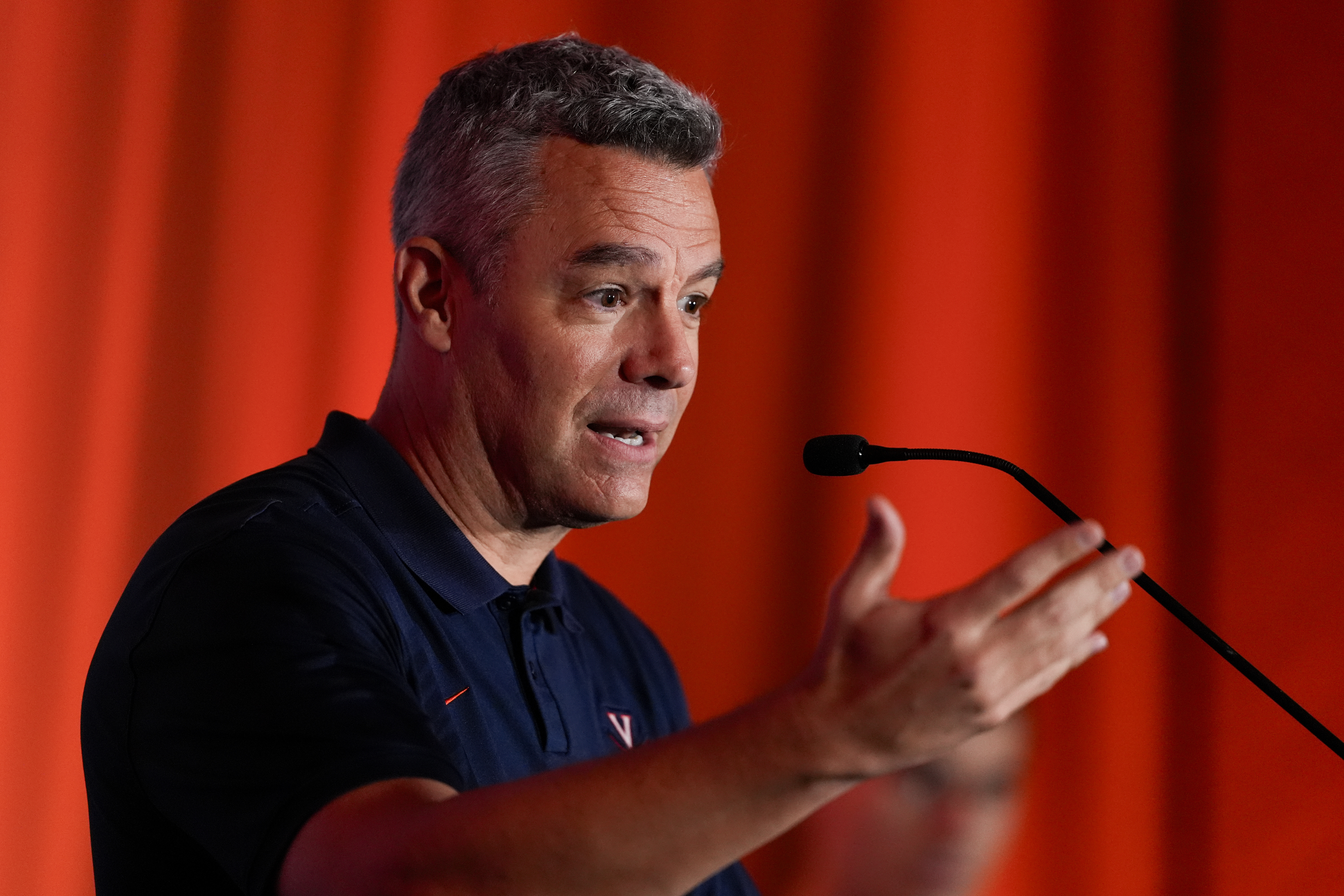 Virginia head coach Tony Bennett speaks during a ACC men's NCAA college basketball media day, Thursday, Oct. 10, 2024, in Charlotte, N.C. 