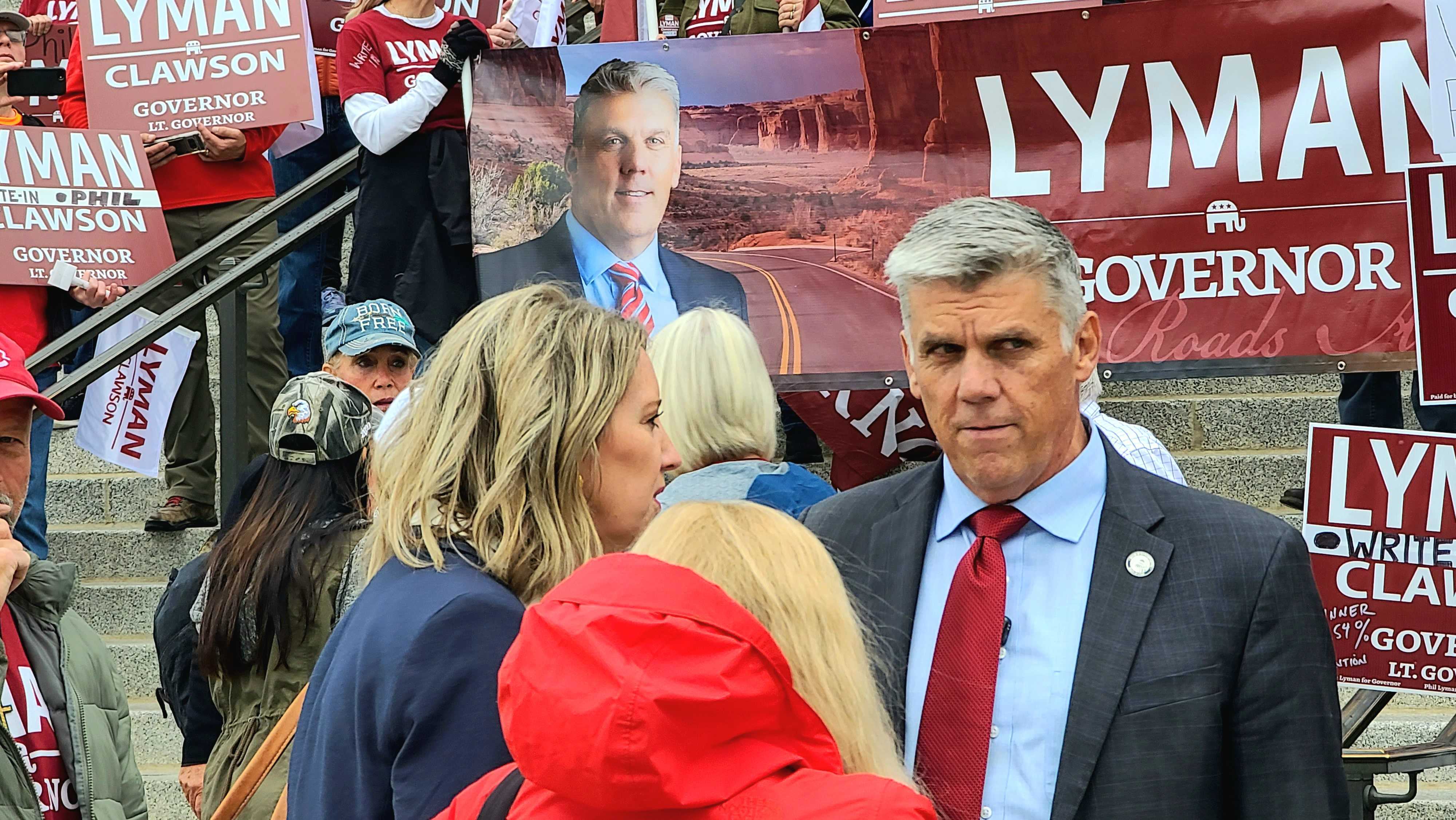 Phil Lyman at a rally at the state Capitol in Salt Lake City Thursday. The write-in gubernatorial candidate on Tuesday announced he is asking the U.S. Supreme Court to disqualify Gov. Spencer Cox from the general election ballot.