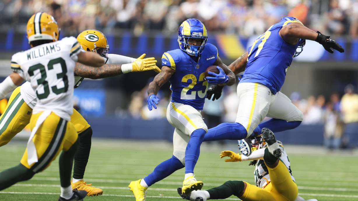 Los Angeles Rams running back Kyren Williams (23) carries the ball during the first half of an NFL football game against the Green Bay Packers Sunday, Oct. 6, 2024, in Inglewood, Calif.