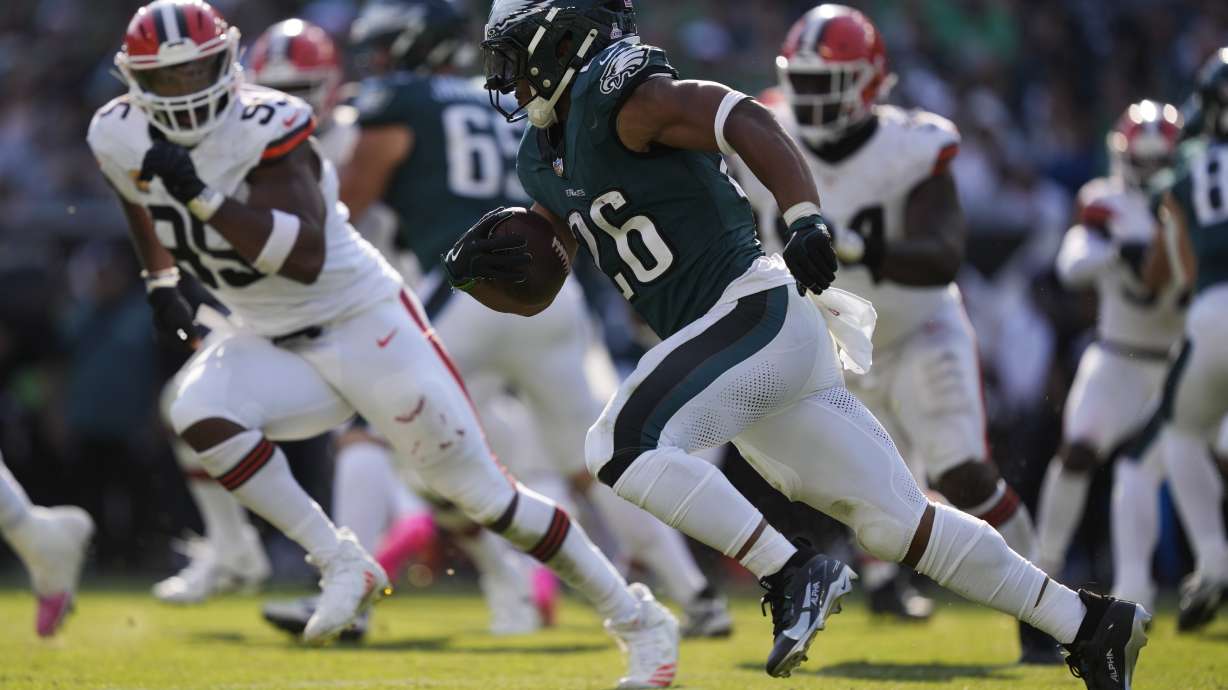 Philadelphia Eagles running back Saquon Barkley (26) carries the ball during the second half of an NFL football game against the Cleveland Browns on Sunday, Oct. 13, 2024, in Philadelphia.