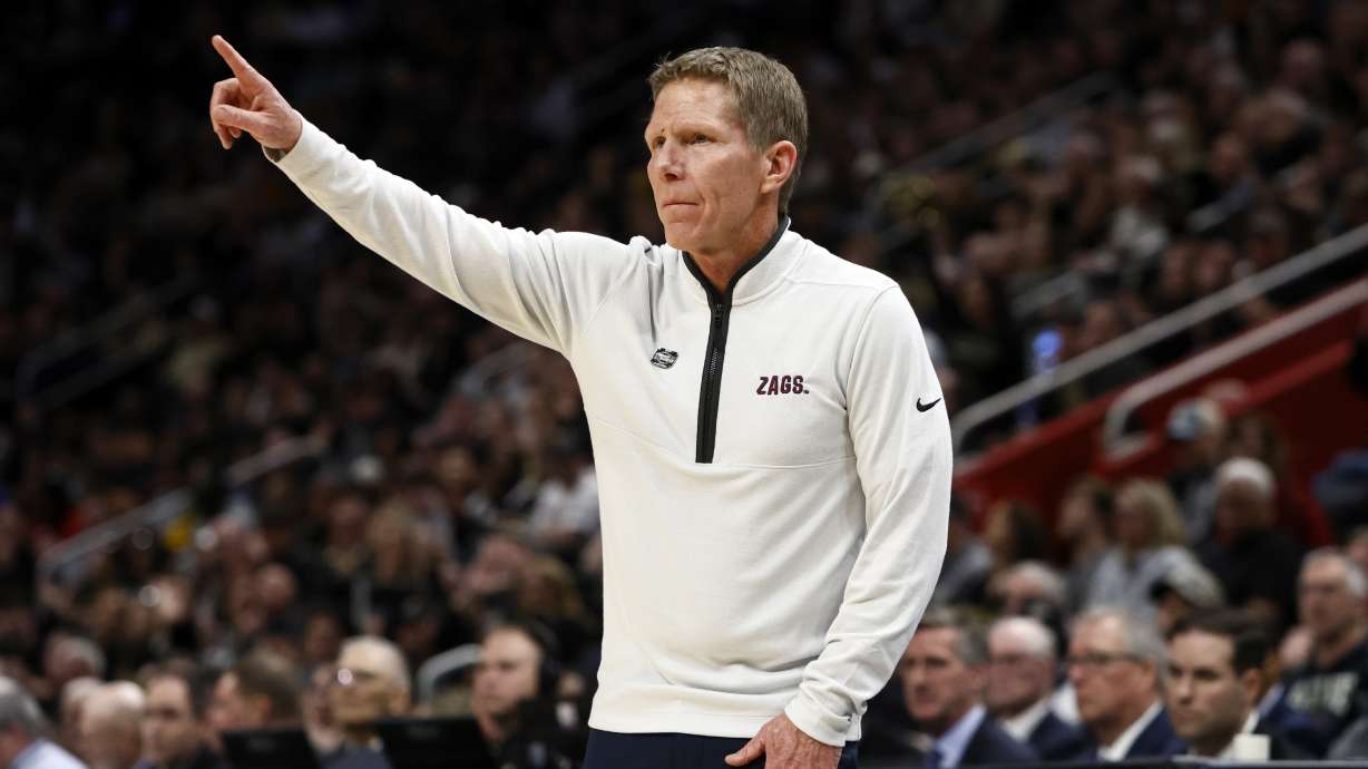 FILE - Gonzaga head coach Mark Few signals from the sideline during the first half of a Sweet 16 college basketball game against Purdue in the NCAA Tournament, March 29, 2024, in Detroit.