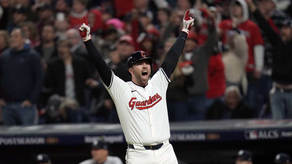 Cleveland Guardians' David Fry celebrates after hitting a game-winning two-run home run against the New York Yankees during the 10th inning in Game 3 of the baseball AL Championship Series Thursday, Oct. 17, 2024, in Cleveland. The Guardians won 7-5.