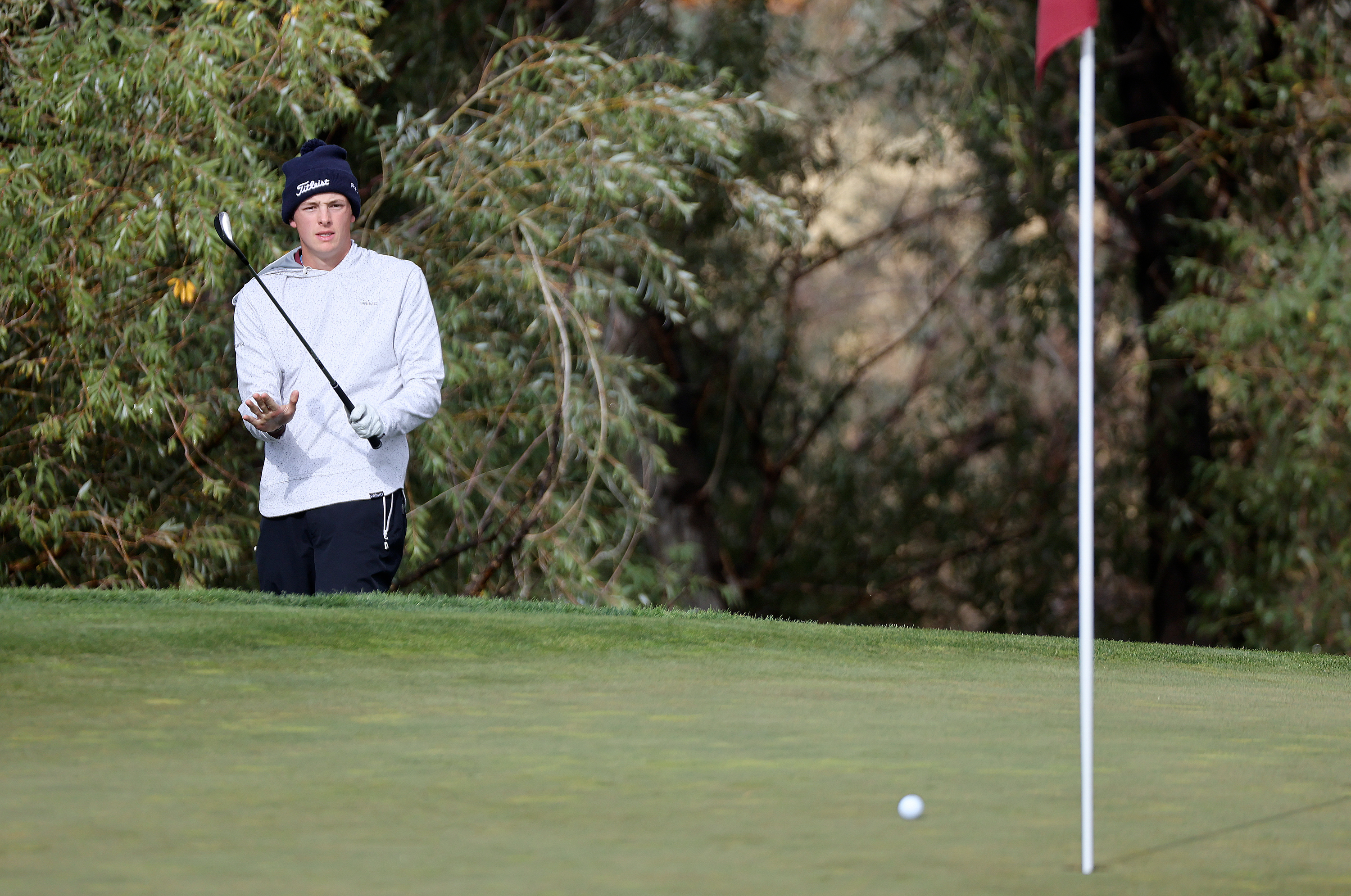 Morgan’s Lance Loughton watches his putt while competing in and winning the 3A boys golf championships at The Ridge Golf Club on West Valley City on Thursday, Oct. 17, 2024. Richfield won the team category.