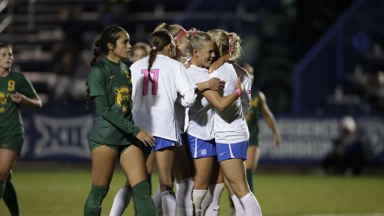 BYU women's soccer celebrates a goal during a 3-3 draw with Baylor, Thursday, Oct. 17, 2024 at South Field in Provo, Utah.