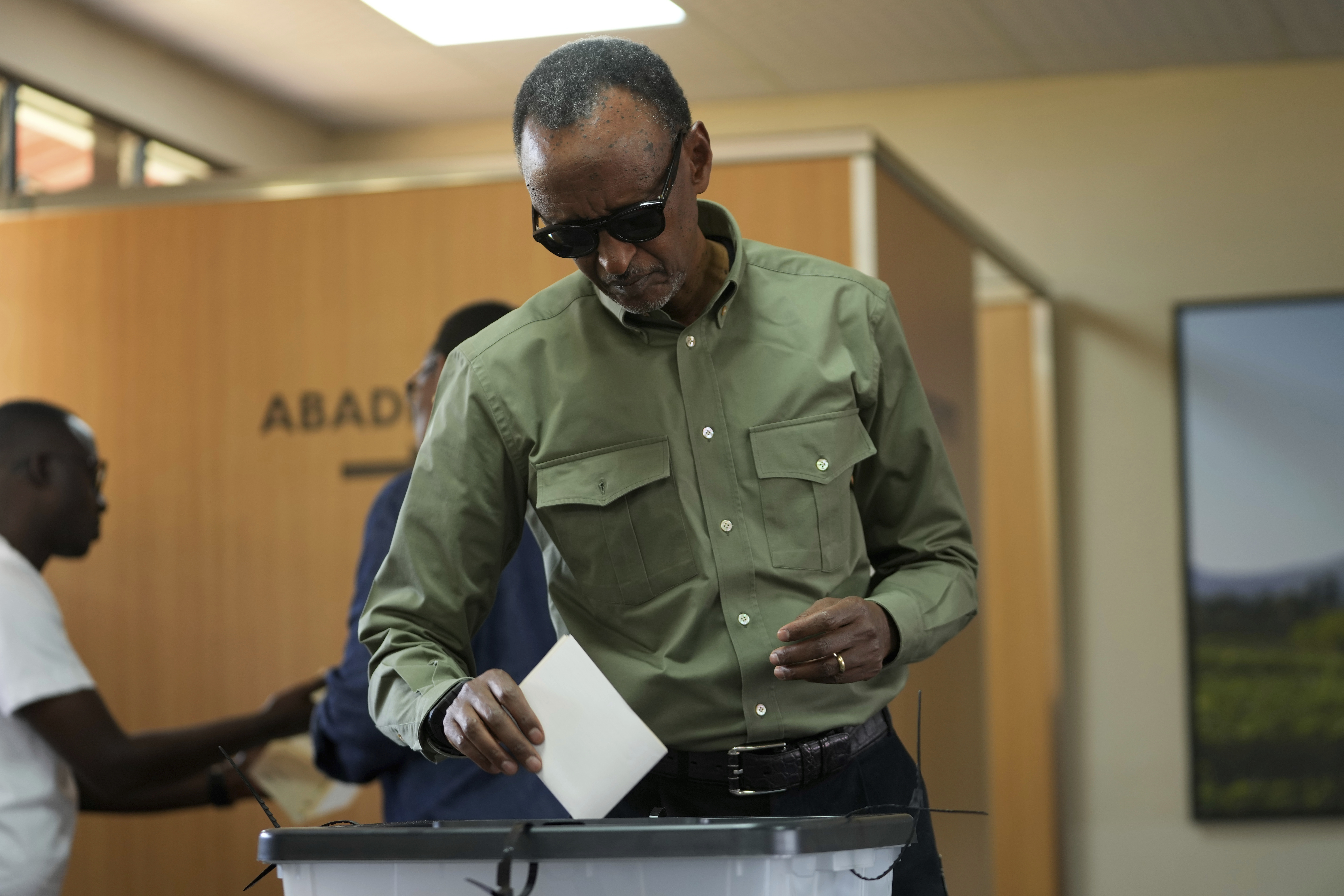 FILE - Rwanda's President Paul Kagame casts his vote in a presidential election, in Kigali, July 15, 2024. 