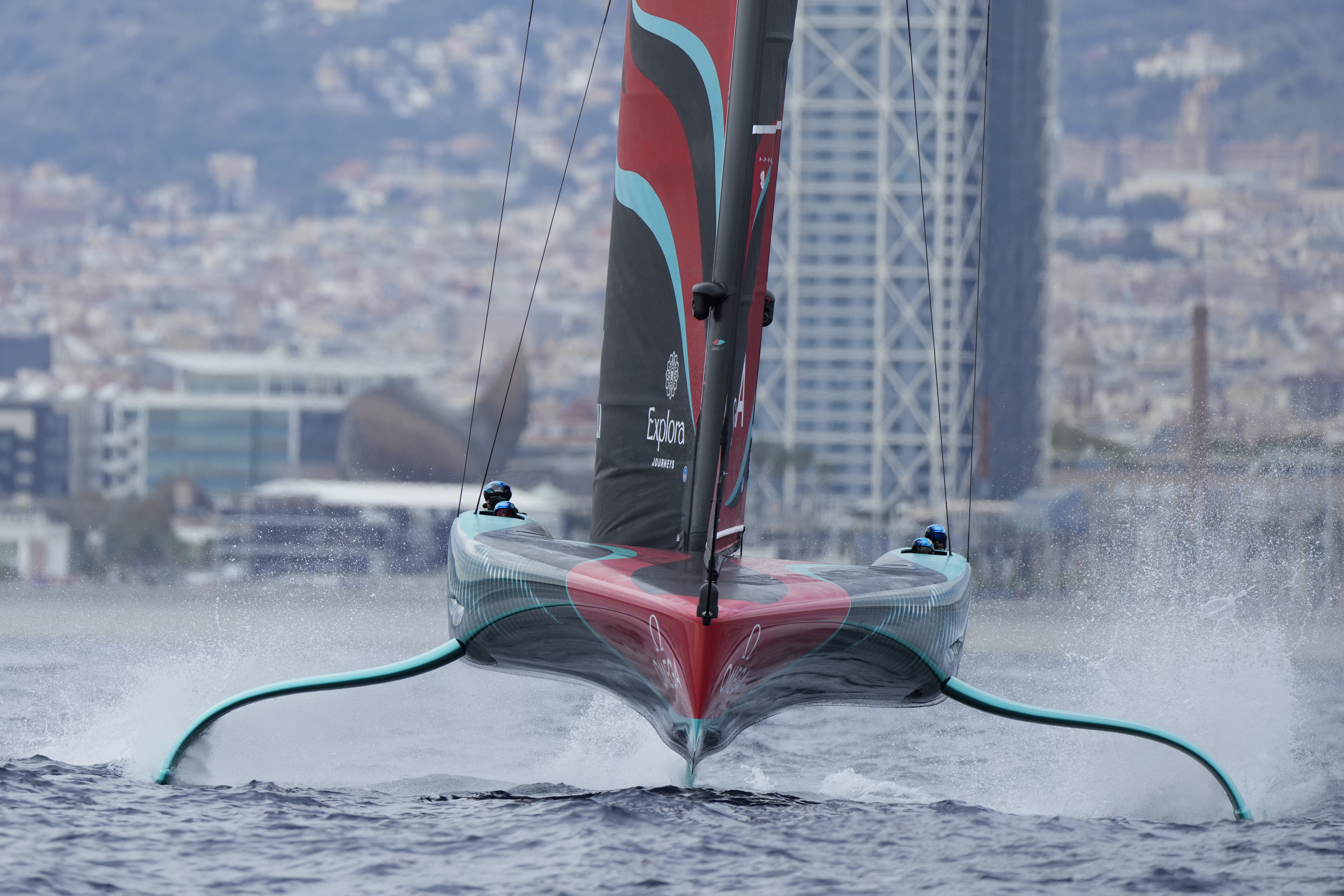 Emirates Team New Zealand races during Louis Vuitton 37th America's Cup Day 5 race 7 in Barcelona, Spain, Friday, Oct. 18, 2024. 