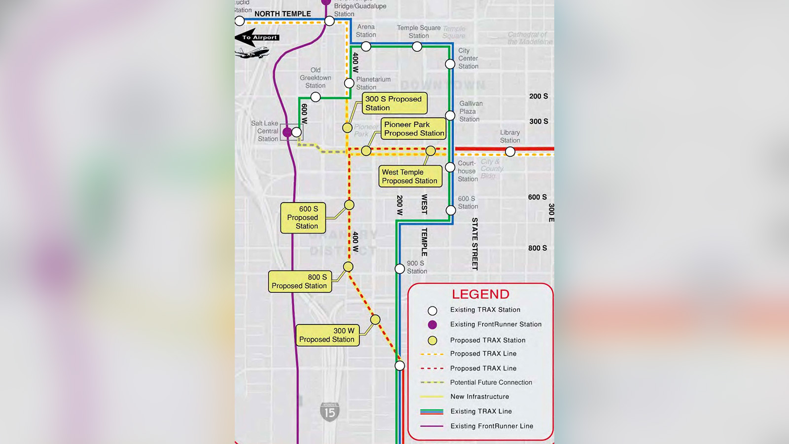 This map shows the proposed red and orange routes in downtown Salt Lake City under the preferred alternative that emerged in Utah Transit Authority's TechLink TRAX Study.