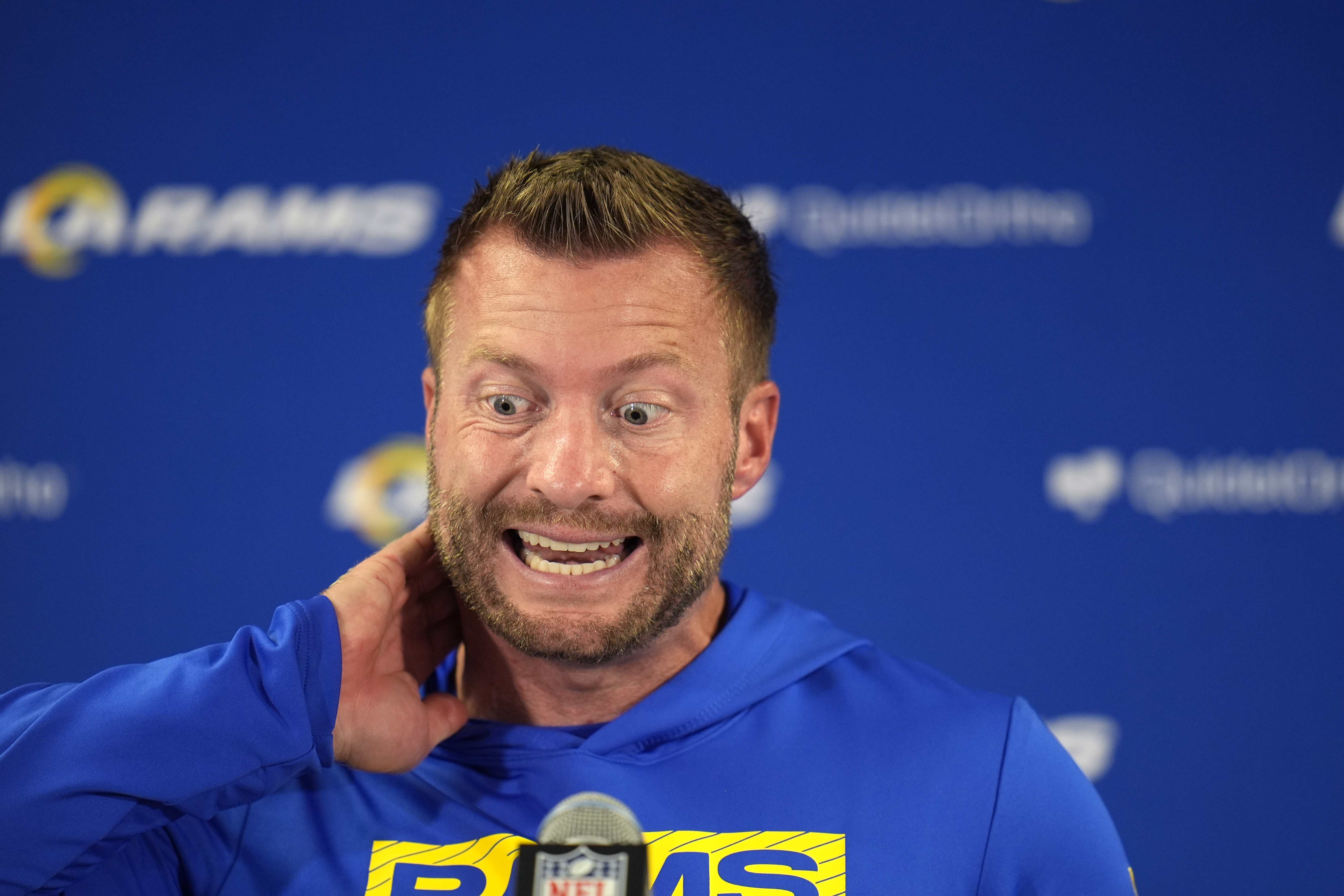 Los Angeles Rams head coach Sean McVay talks with reporters after his team' 24-18 loss to the Chicago Bears in an NFL football game Sunday, Sept. 29, 2024, in Chicago. 
