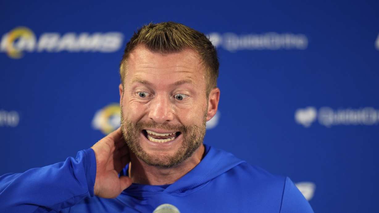 Los Angeles Rams head coach Sean McVay talks with reporters after his team' 24-18 loss to the Chicago Bears in an NFL football game Sunday, Sept. 29, 2024, in Chicago.