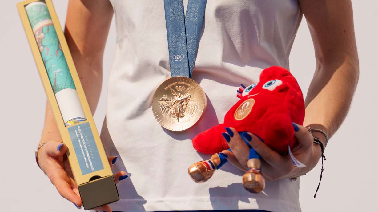 Gymnast Ana Barbosu with the bronze medal for her women's artistic gymnastics individual floor performance at the 2024 Paris Olympics, Aug. 16. More than 10,200 posts and comments about athletes and officials in Paris were deemed abusive.