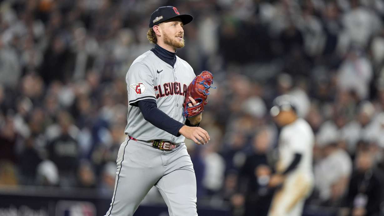 Cleveland Guardians starting pitcher Tanner Bibee leaves the game during the second inning in Game 2 of the baseball AL Championship Series against the New York Yankees Tuesday, Oct. 15, 2024, in New York.