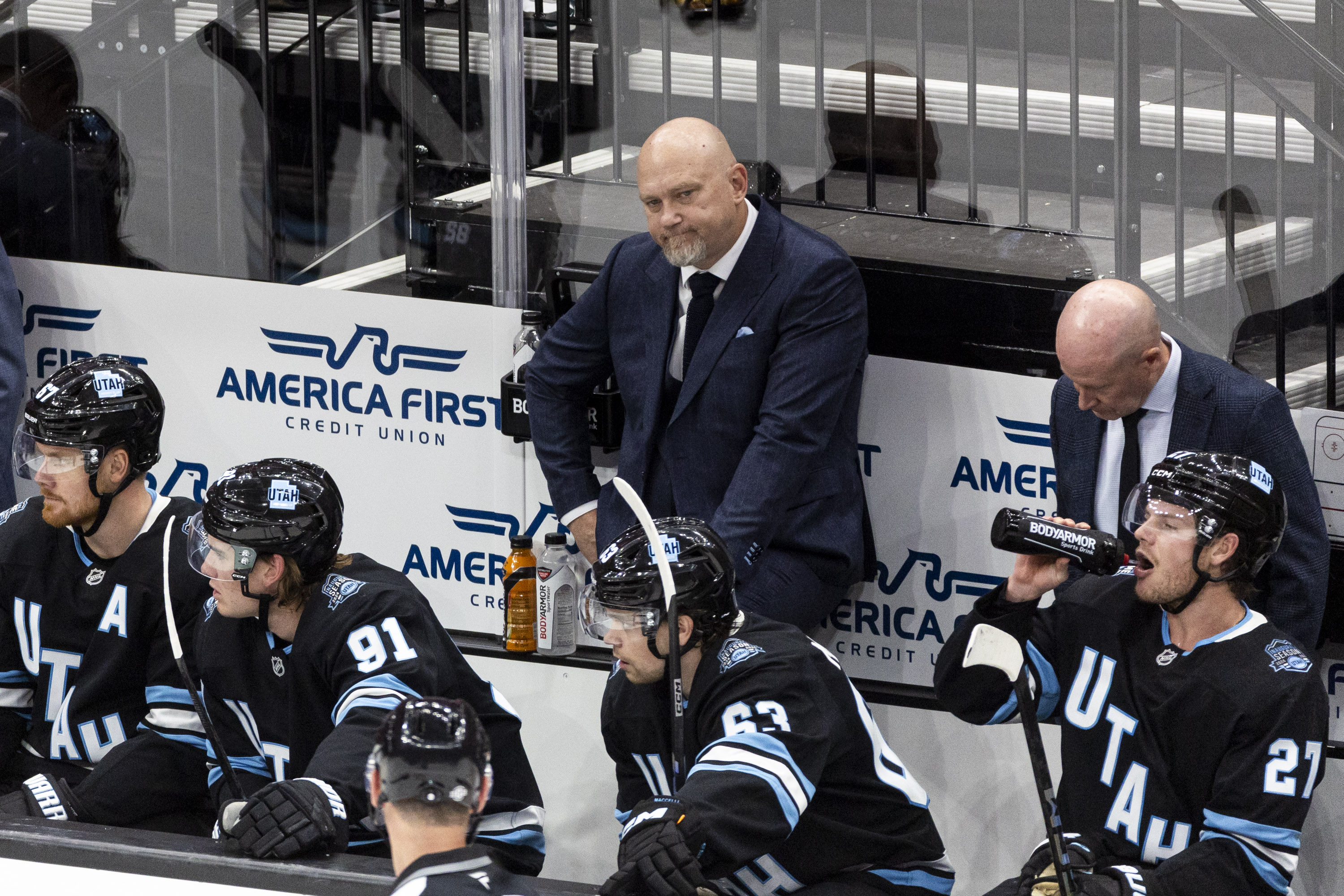 Utah Hockey Club head coach André Tourigny reacts during a game against the Chicago Blackhawks held at the Delta Center in Salt Lake City on Tuesday, Oct. 8, 2024.