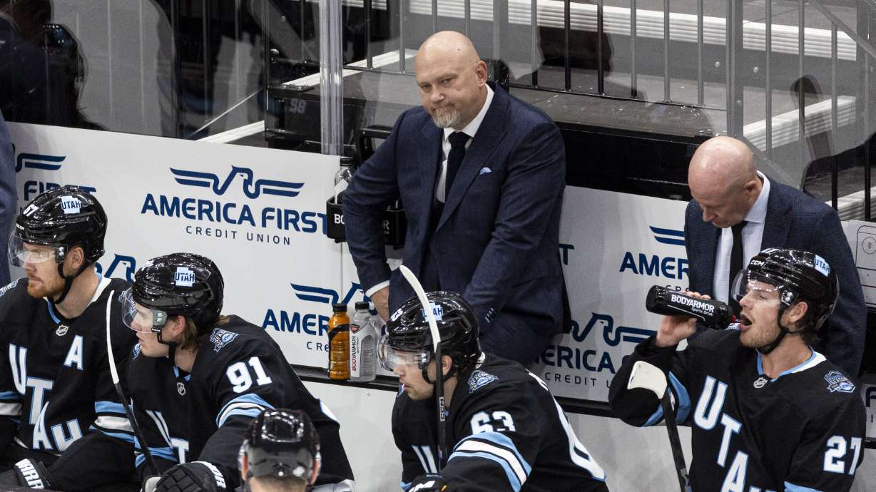 Utah Hockey Club head coach André Tourigny reacts during a game against the Chicago Blackhawks held at the Delta Center in Salt Lake City on Tuesday, Oct. 8, 2024.