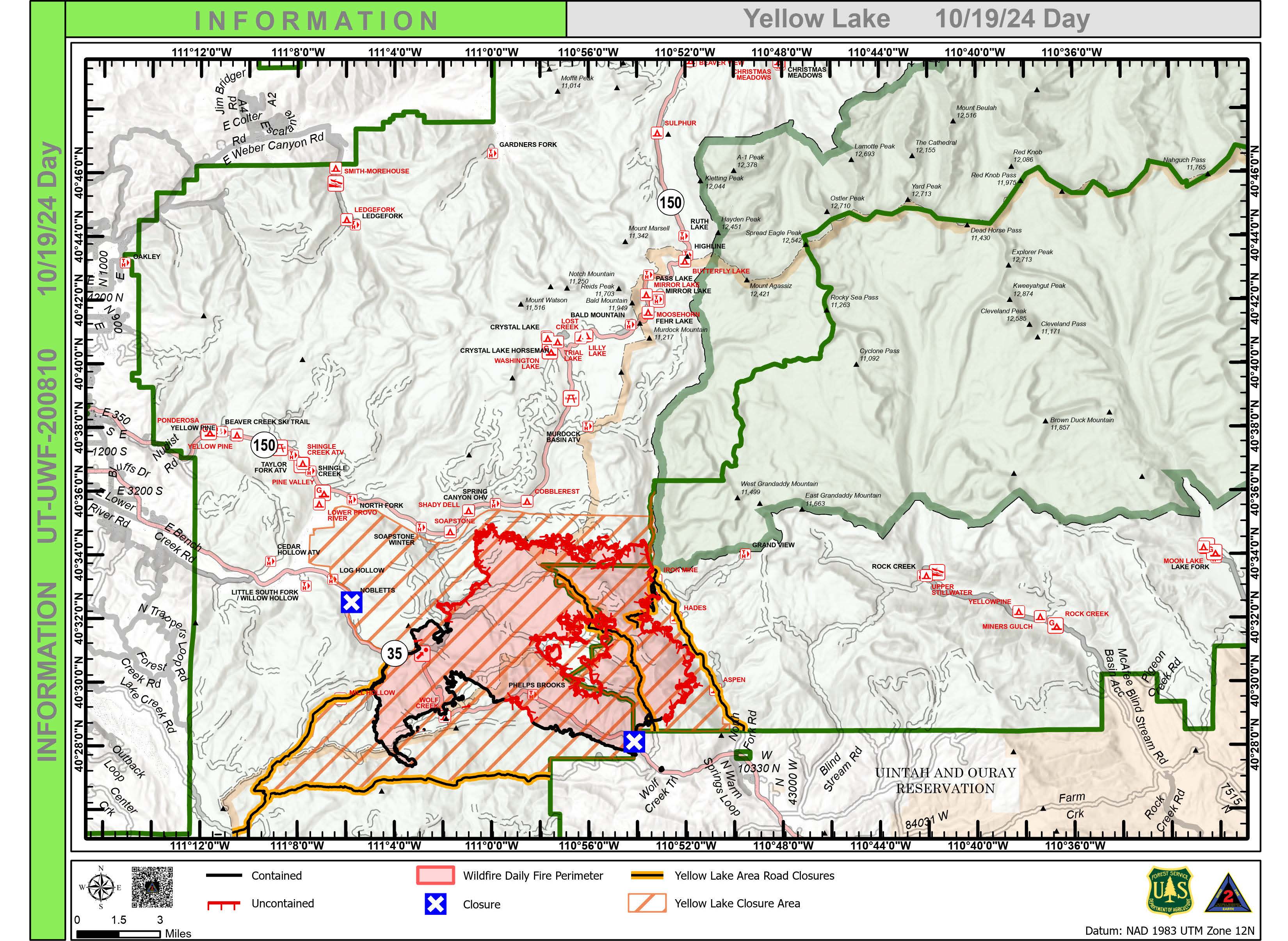 Map shows the extent of the Yellow Lake Fire. Red area shows fire boundaries, while black edge on the south end shows contained area.