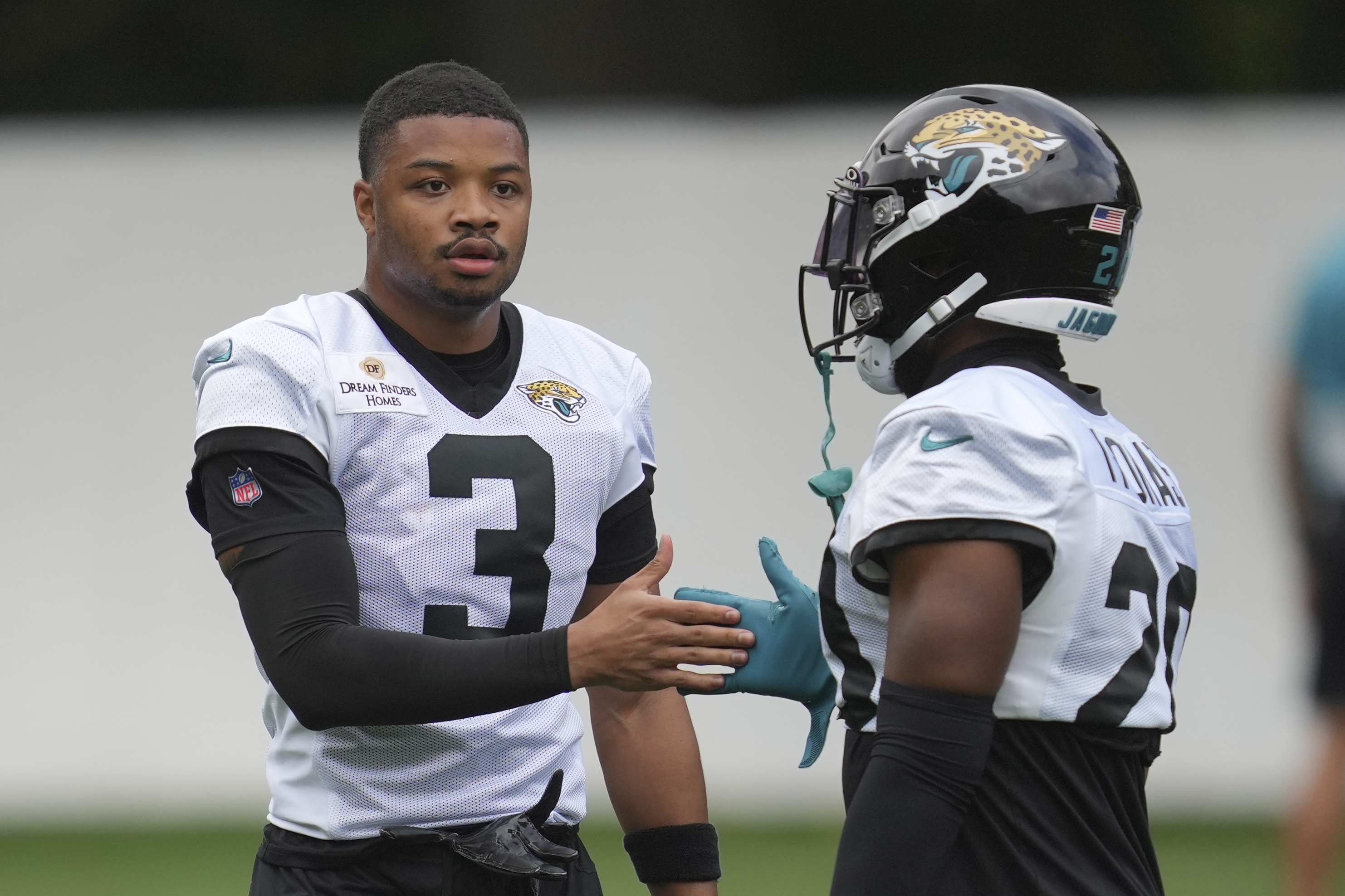 Jacksonville Jaguars NFL football cornerback Tyson Campell (3) during practice at The Grove in Watford, England, Wednesday, Oct. 16, 2024. 