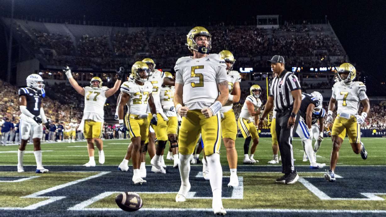 Georgia Tech quarterback Zach Pyron (5) celebrates in the end zone after a rushing touchdown in the first quarter of a football game against the Duke, during an NCAA college football game, Saturday, Oct. 5, 2024, in Atlanta.