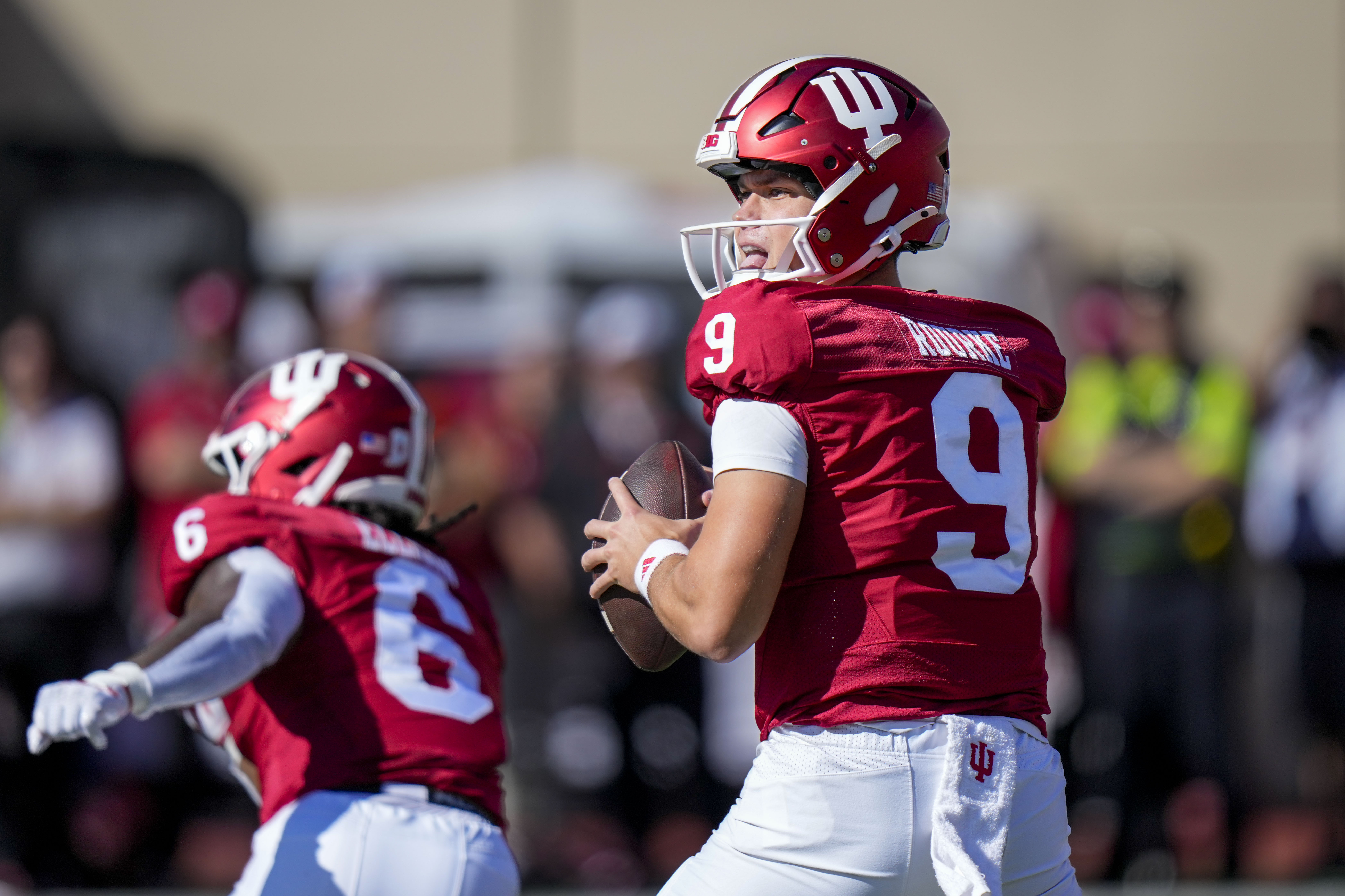 Indiana quarterback Kurtis Rourke (9) looks to pass against Nebraska during the first half of an NCAA college football game in Bloomington, Ind., Saturday, Oct. 19, 2024. 