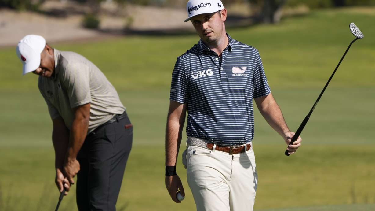 J.T. Poston reacts after sinking a putt on the third green during the first round of Shriners Children's Open golf tournament Thursday, Oct. 17, 2024, in Las Vegas.