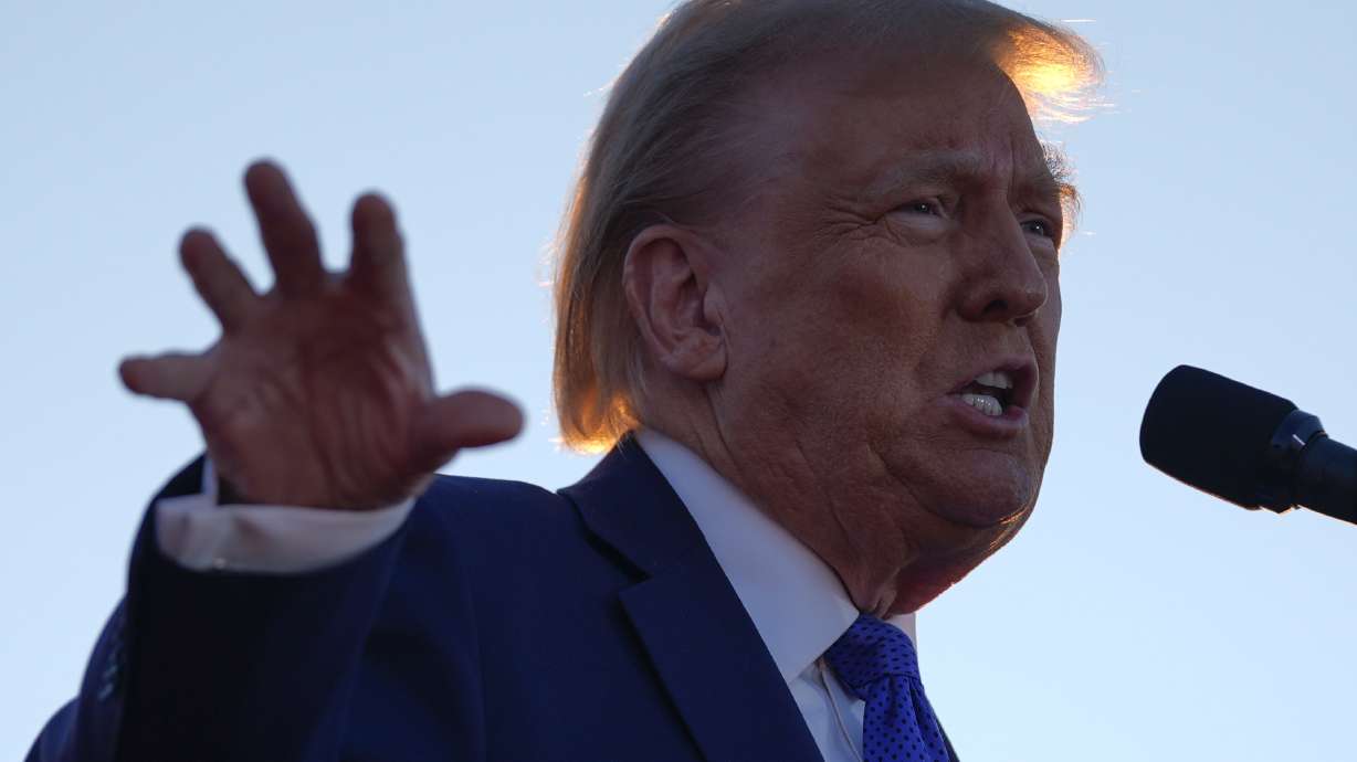 Republican presidential nominee former President Donald Trump speaks during a campaign rally at Arnold Palmer Regional Airport, Saturday, Oct. 19, 2024, in Latrobe, Pa.