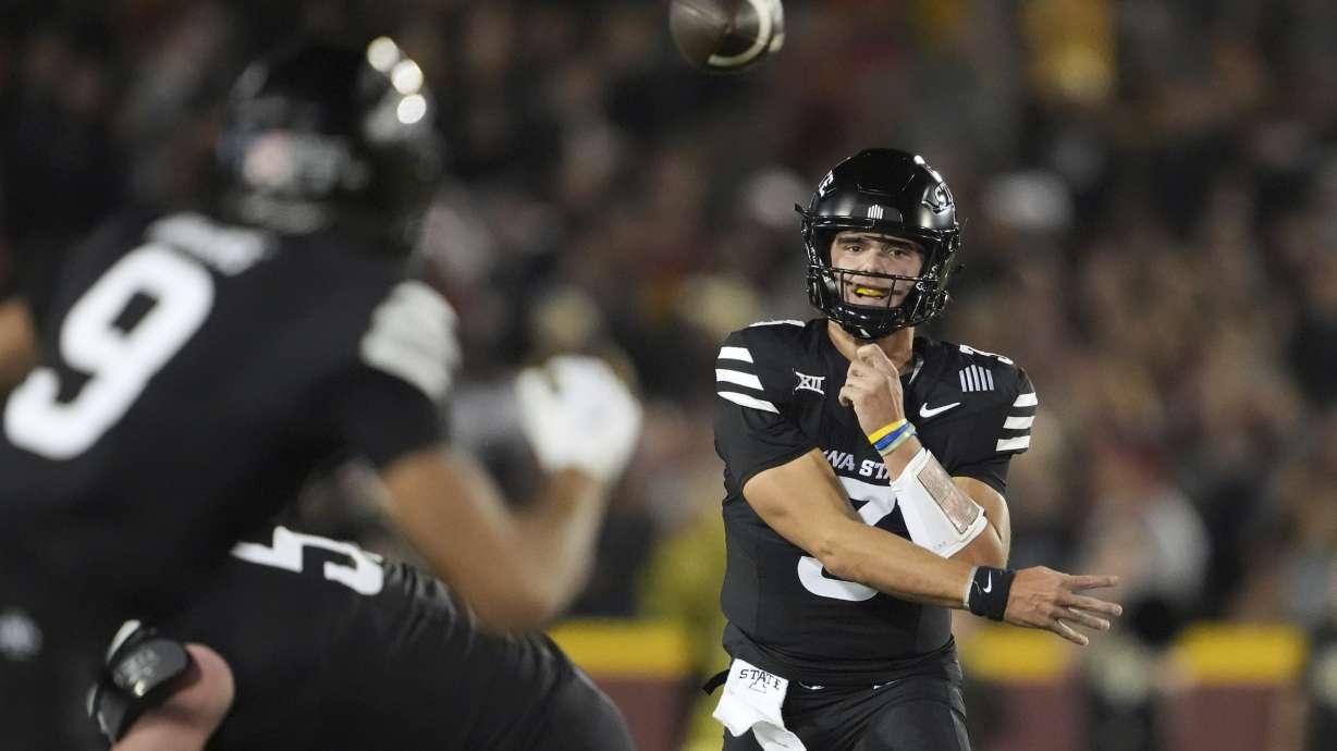 Iowa State quarterback Rocco Becht sends the ball downfield to a receiver during the first half of an NCAA college football game against Central Florida, Saturday, Oct. 19, 2024, in Ames, Iowa.