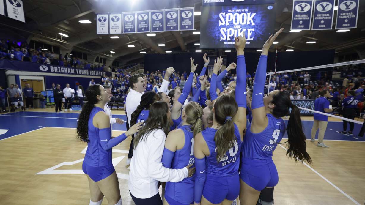 BYU women's volleyball celebrates a five-set win over rival Utah during a Big 12 women's volleyball match, Saturday, Oct. 19, 2024, in the Smith Fieldhouse in Provo, Utah.