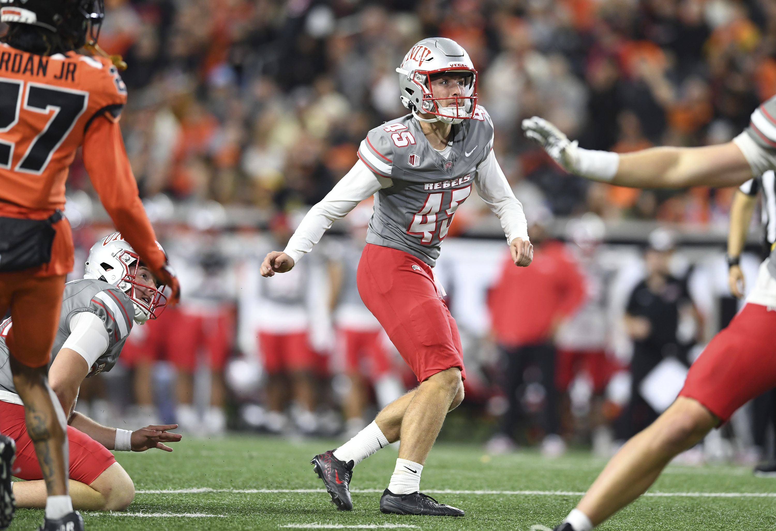 UNLV place kicker Caden Chittenden (45) kicks his second field goal during the first half of an NCAA college football game against Oregon State, Saturday, Oct. 19, 2024, in Corvallis, Ore. 