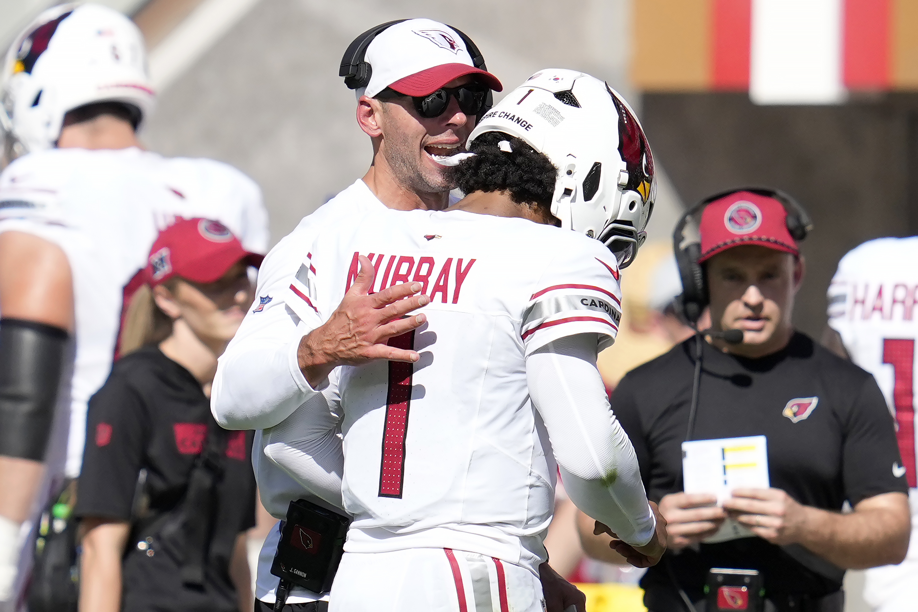 Arizona Cardinals quarterback Kyler Murray (1) reacts after throwing an interception with head coach Jonathan Gannon during the first half of an NFL football game against the San Francisco 49ers in Santa Clara, Calif., Sunday, Oct. 6, 2024. 
