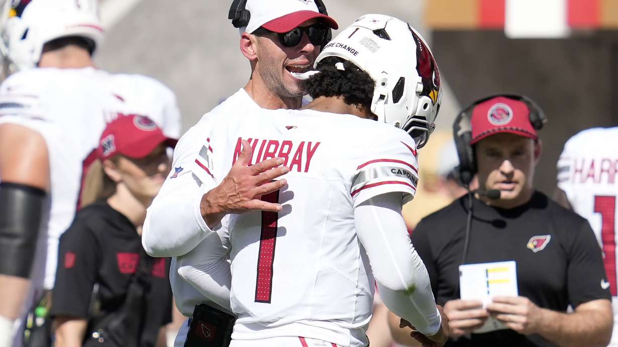 Arizona Cardinals quarterback Kyler Murray (1) reacts after throwing an interception with head coach Jonathan Gannon during the first half of an NFL football game against the San Francisco 49ers in Santa Clara, Calif., Sunday, Oct. 6, 2024.