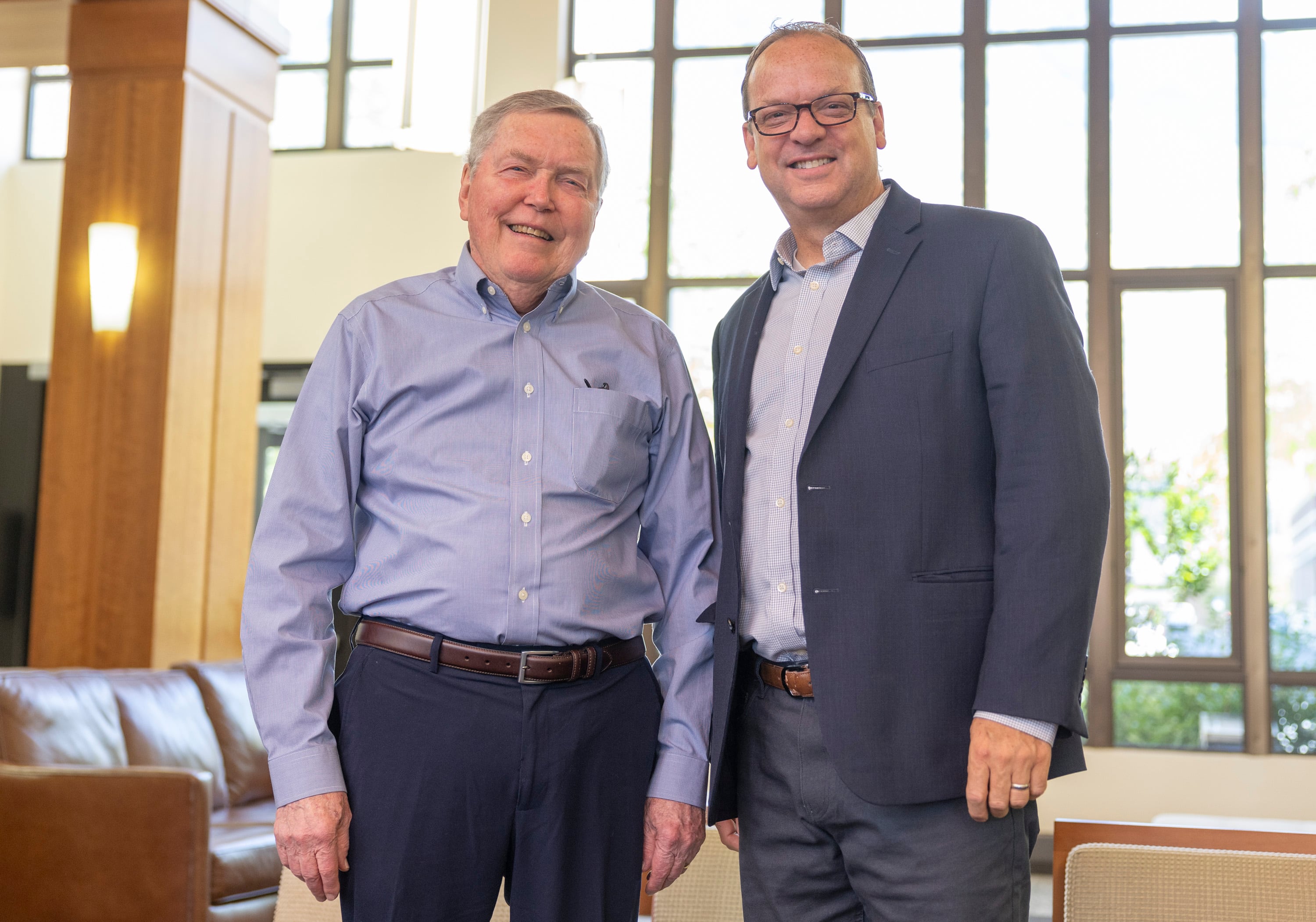 Dick Galbraith and J. Reuben Clark Law School Dean David Moore pose with each other for a portrait at the J. Reuben Clark Law School on the campus of Brigham Young University in Provo on Sept. 23. Galbraith is a philanthropist who funds externships for BYU law students to work in law offices focusing on providing legal assistance to underserved communities and working toward criminal justice reform.